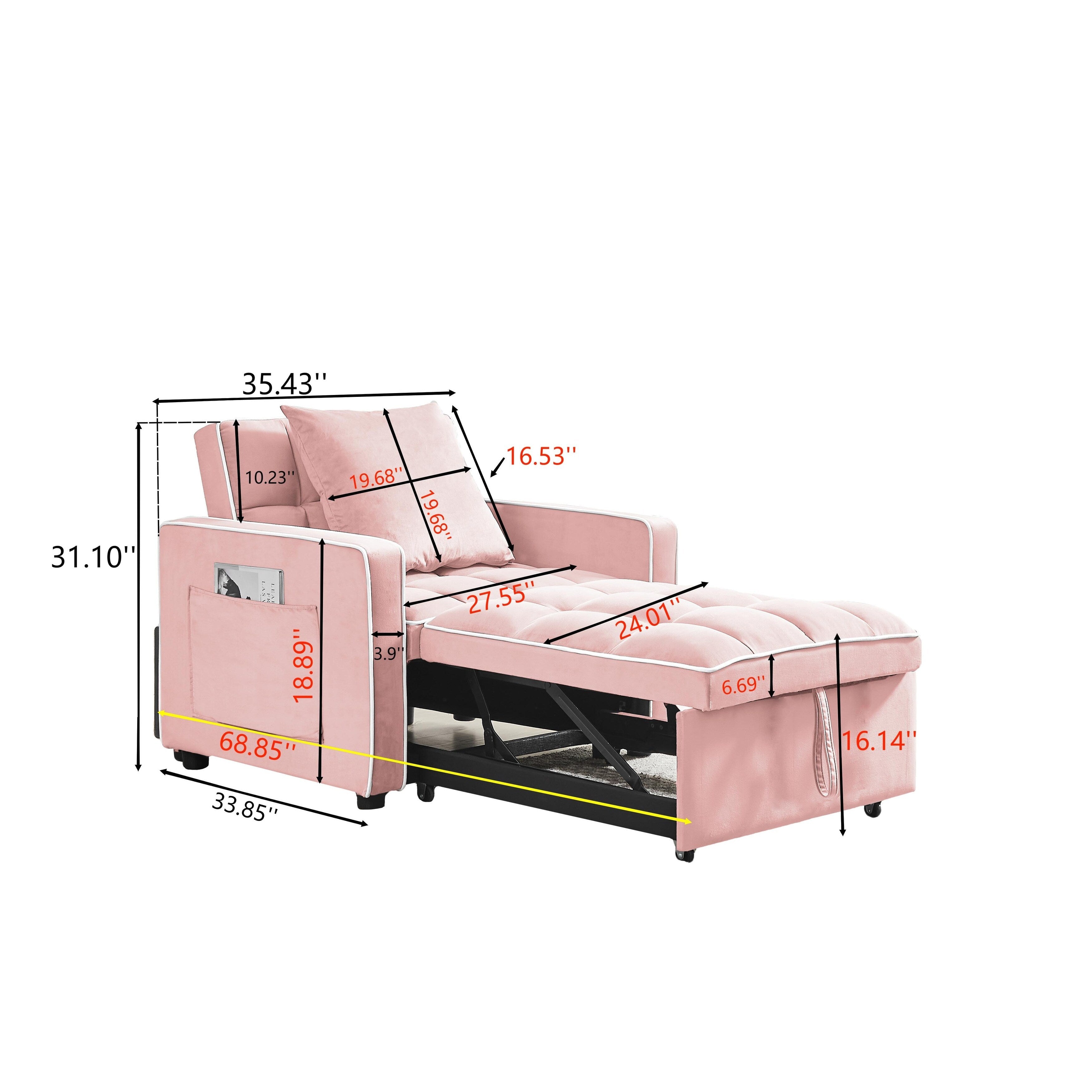 Canapé-lit simple en velours rose avec dossier réglable