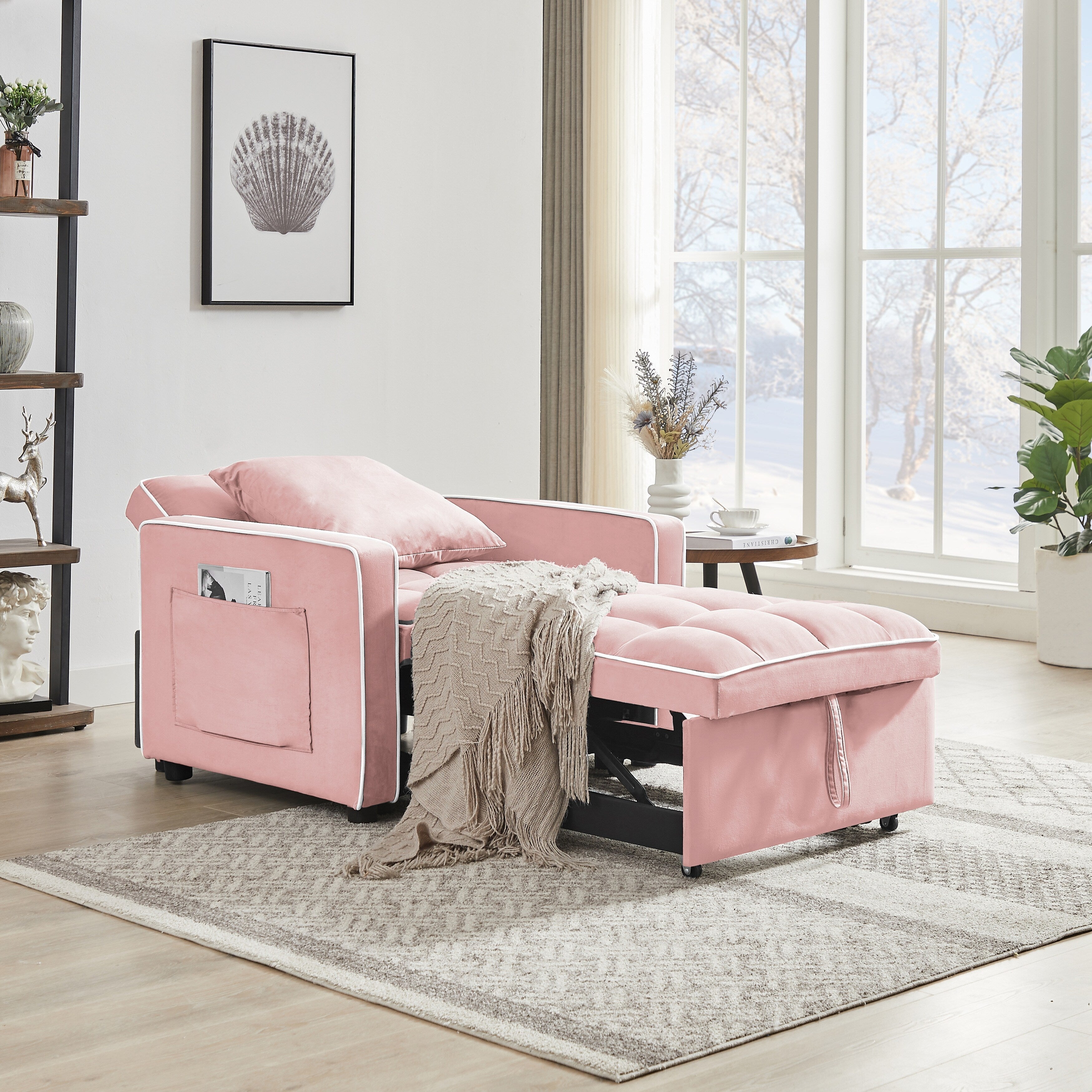 Canapé-lit simple en velours rose avec dossier réglable