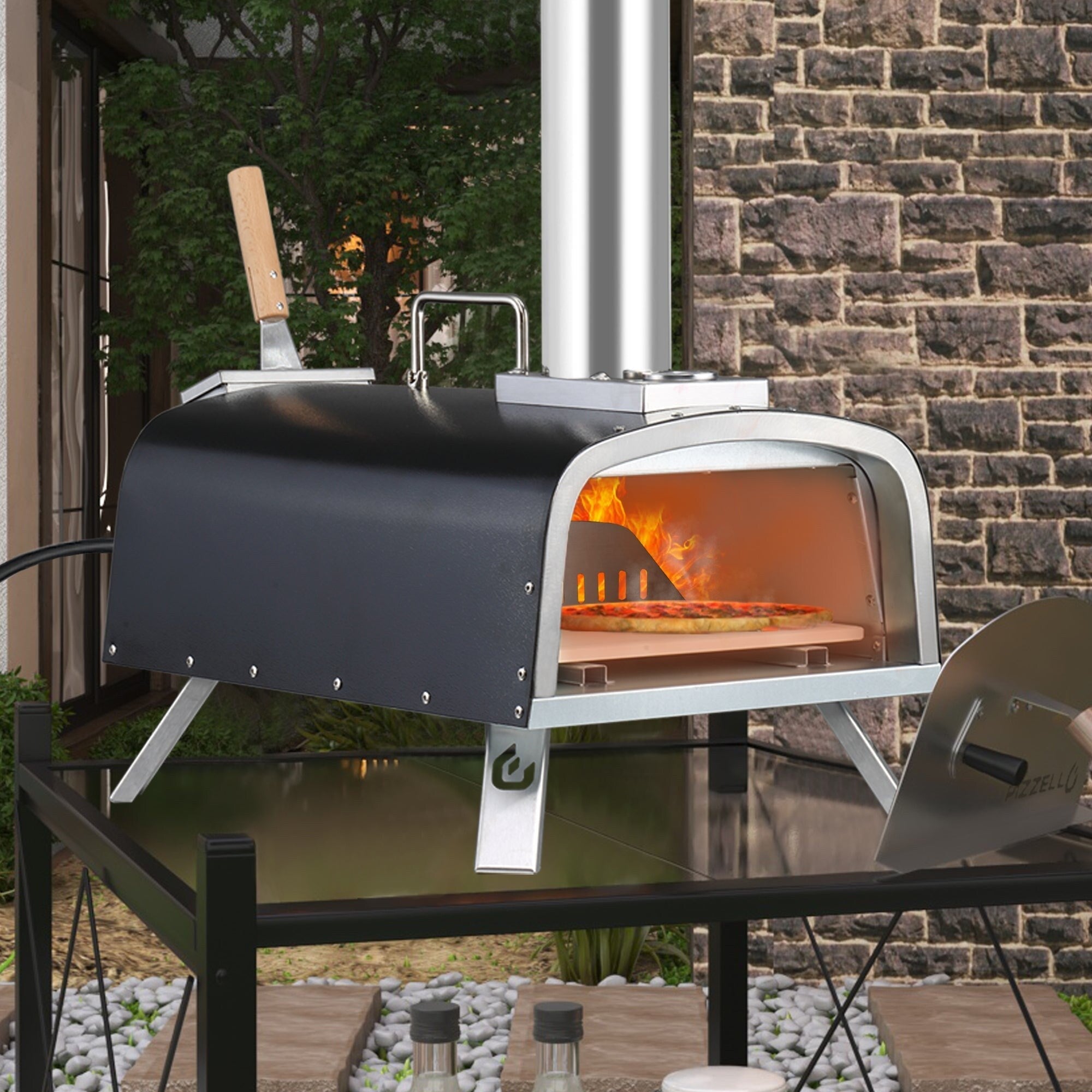 Four à pizza extérieur multi-combustible, machine à pizza cuite sur pierre avec brûleur à gaz et boîte à bois - 12 pouces