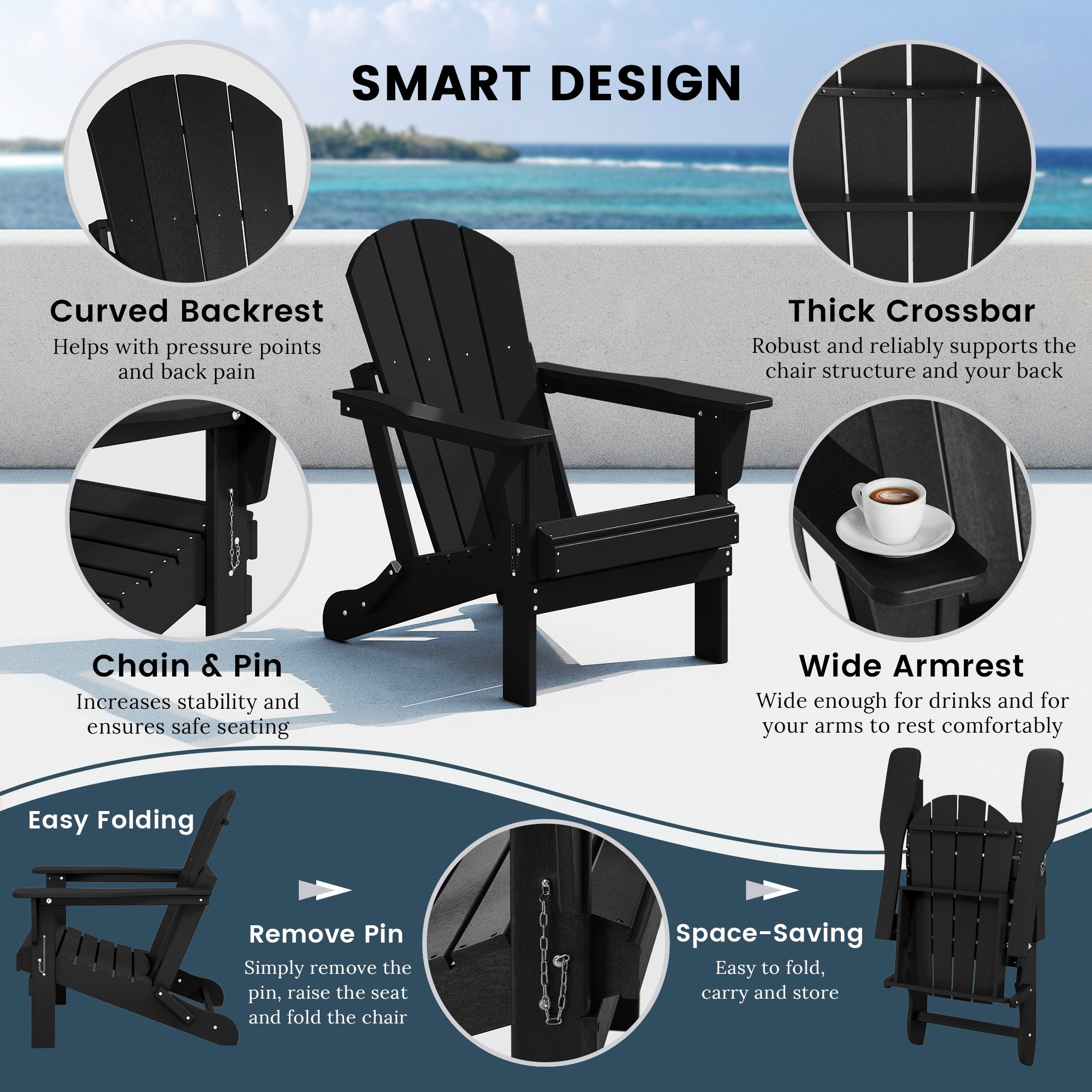 Chaise pliante Adirondack Polytrends Laguna résistante à la décoloration et aux intempéries pour patio extérieur