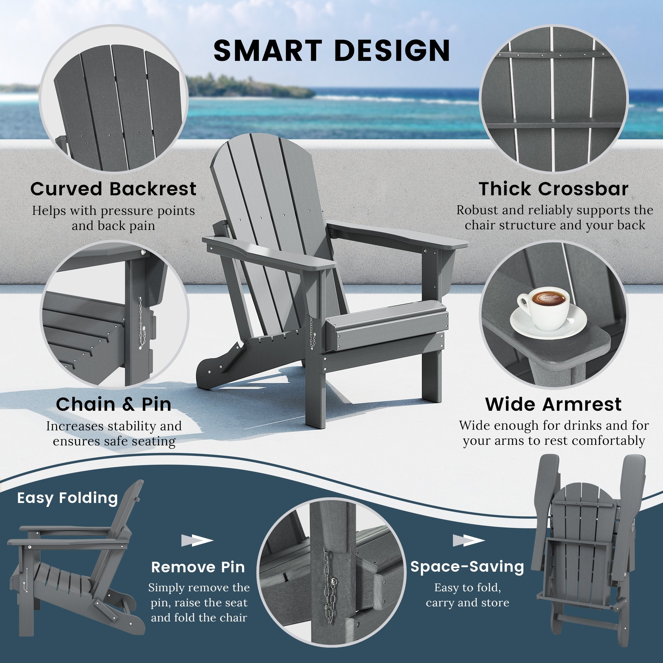 Chaise pliante Adirondack Polytrends Laguna résistante à la décoloration et aux intempéries pour patio extérieur