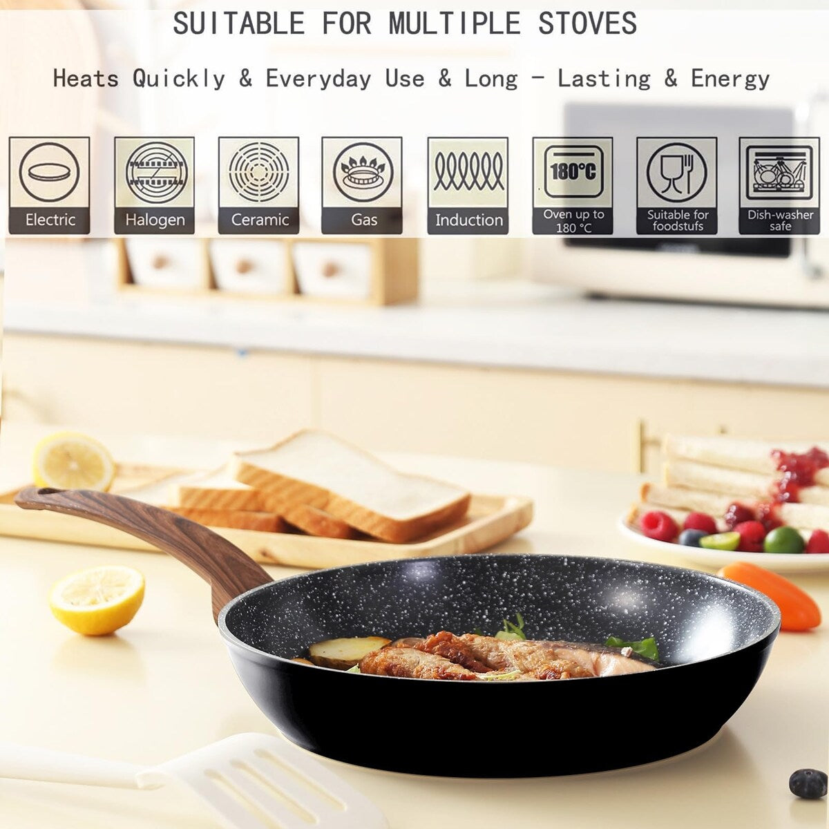Ensemble de casseroles et poêles antiadhésives, batterie de cuisine en céramique avec motif, ustensiles de cuisine à induction avec poêles, cocotte avec couvercles