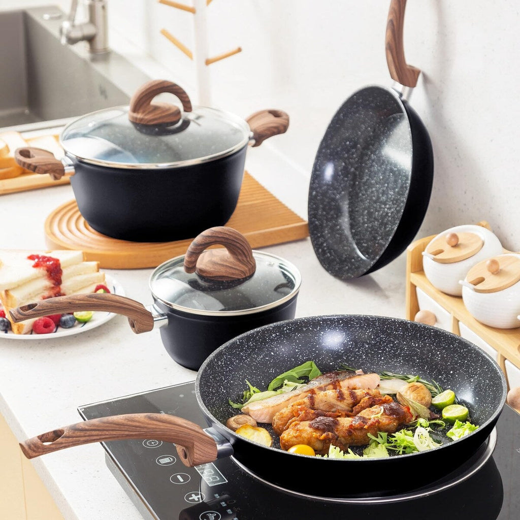 Ensemble de casseroles et poêles antiadhésives, batterie de cuisine en céramique avec motif, ustensiles de cuisine à induction avec poêles, cocotte avec couvercles