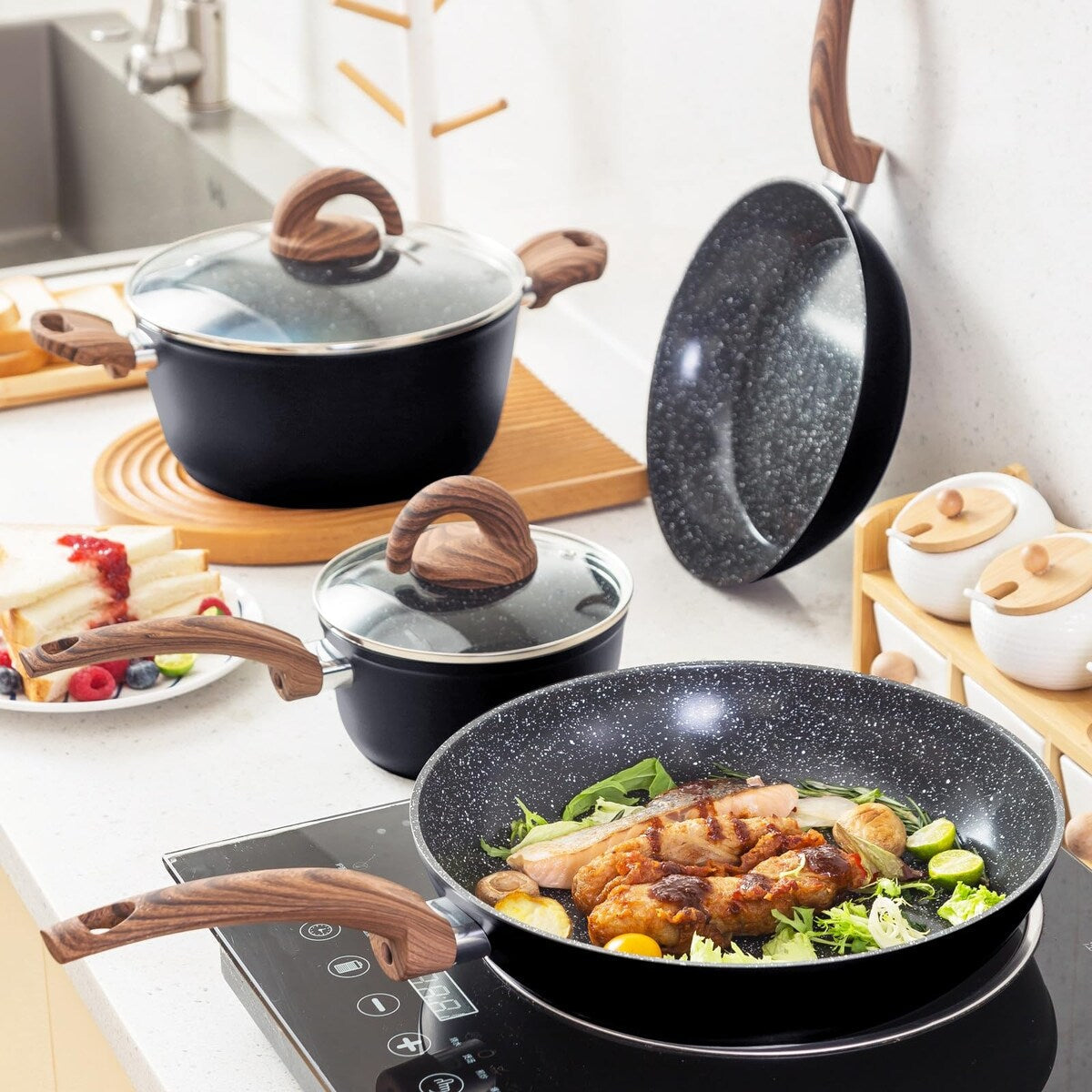 Ensemble de casseroles et poêles antiadhésives, batterie de cuisine en céramique avec motif, ustensiles de cuisine à induction avec poêles, cocotte avec couvercles