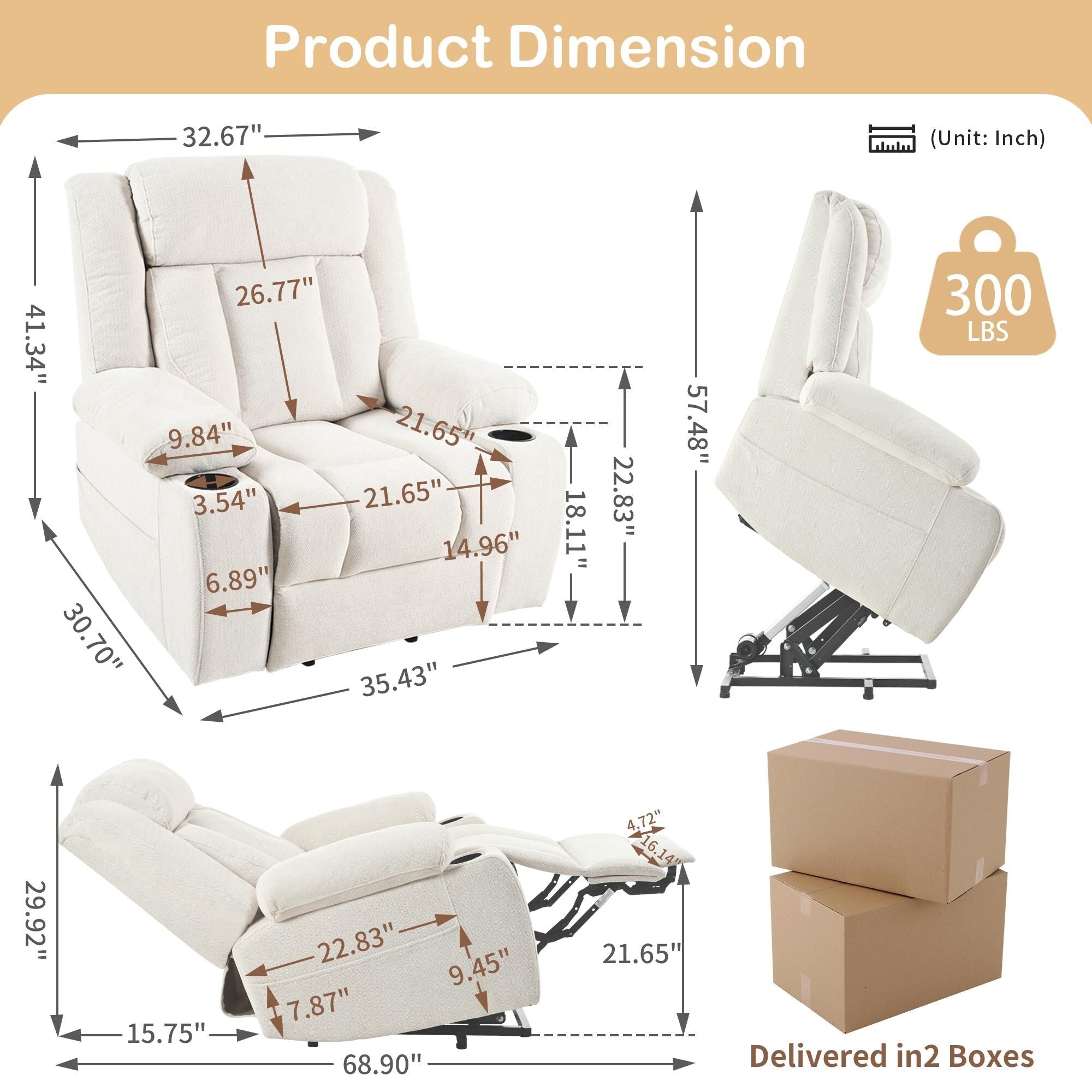 Fauteuil releveur électrique pour personnes âgées, en tissu, avec repose-pieds allongé, 2 porte-gobelets, poches latérales et télécommande.