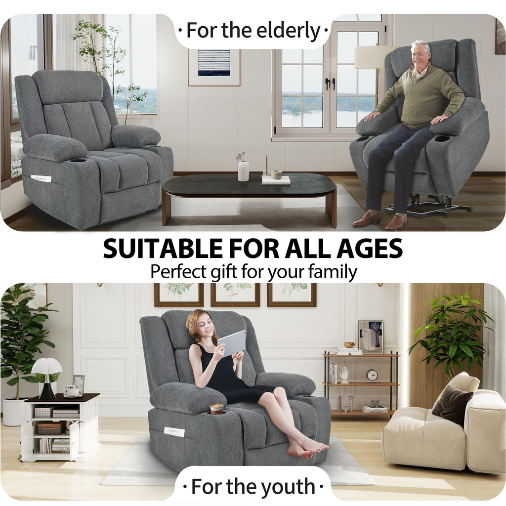 Fauteuil releveur électrique pour personnes âgées, en tissu, avec repose-pieds allongé, 2 porte-gobelets, poches latérales et télécommande.