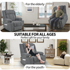 Fauteuil releveur électrique pour personnes âgées, en tissu, avec repose-pieds allongé, 2 porte-gobelets, poches latérales et télécommande.