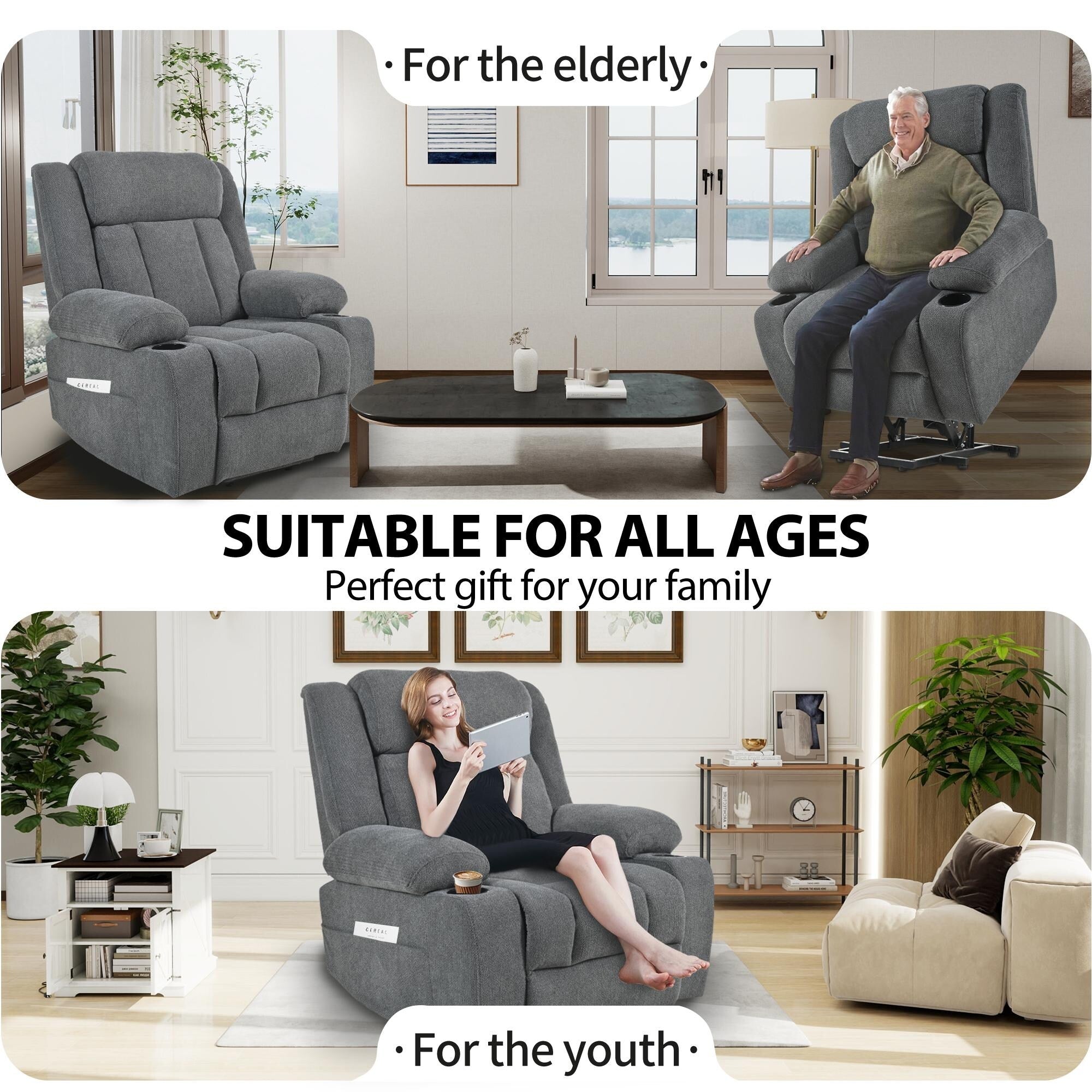 Fauteuil releveur électrique pour personnes âgées, en tissu, avec repose-pieds allongé, 2 porte-gobelets, poches latérales et télécommande.