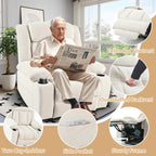 Fauteuil releveur électrique pour personnes âgées, en tissu, avec repose-pieds allongé, 2 porte-gobelets, poches latérales et télécommande.