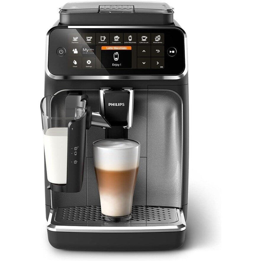 Machine à expresso haut de gamme, 12 cafés chauds/glacés, système LatteGo, moulin en céramique, chrome noir