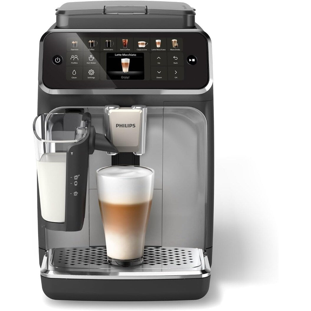 Machine à expresso haut de gamme, 12 cafés chauds/glacés, système LatteGo, moulin en céramique, chrome noir
