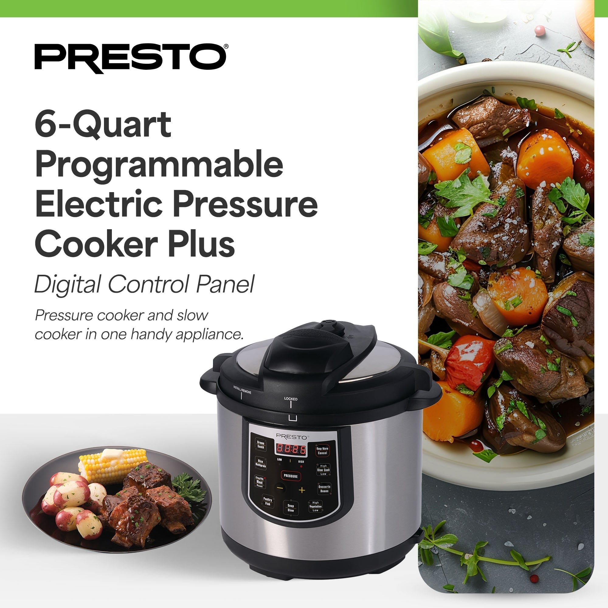Autocuiseur électrique Presto 02141 6 pintes avec mijoteuse programmable, argent