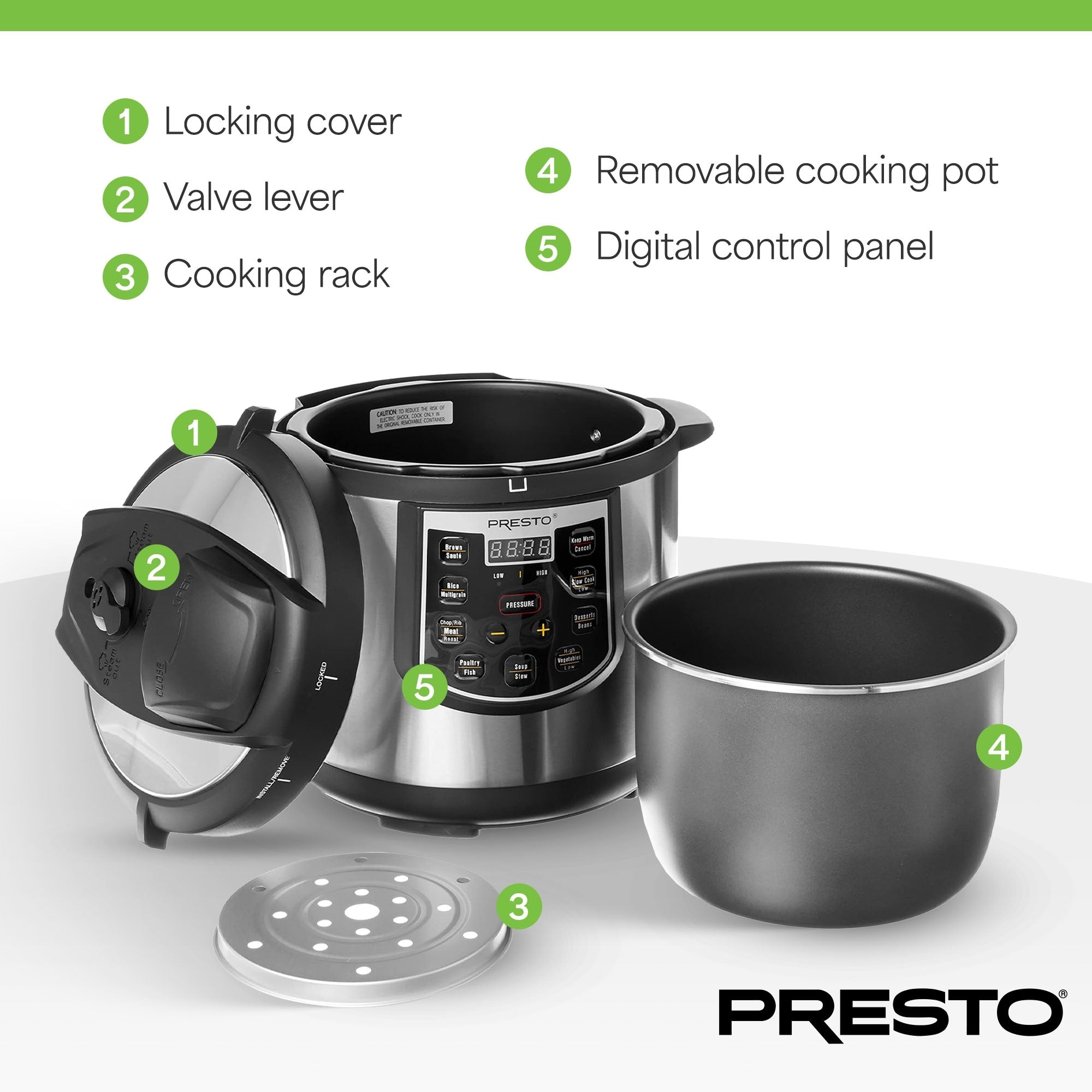 Autocuiseur électrique Presto 02141 6 pintes avec mijoteuse programmable, argent