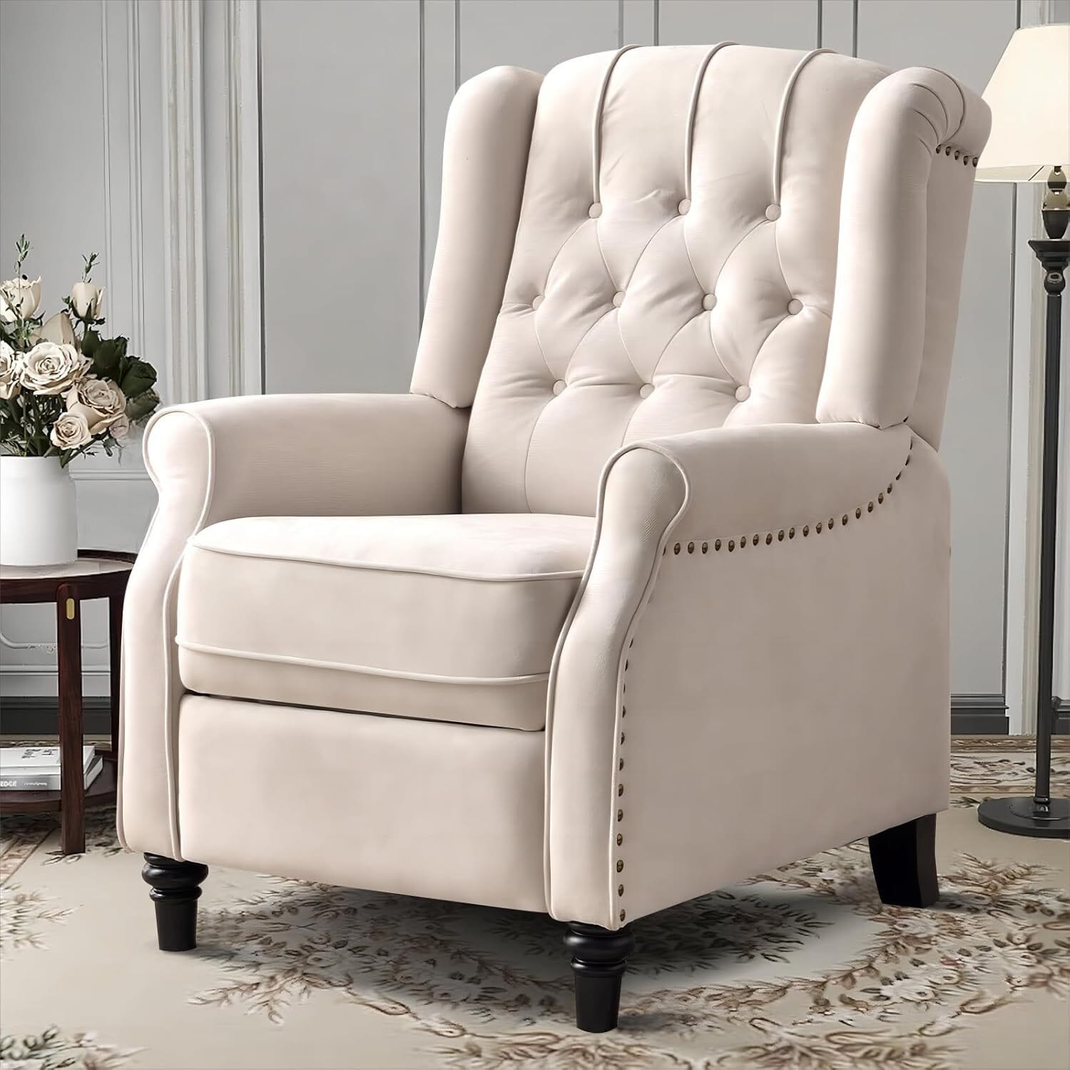 Fauteuil inclinable à dossier relevable, fauteuil en tissu avec décoration rivetée, fauteuil d'appoint simple