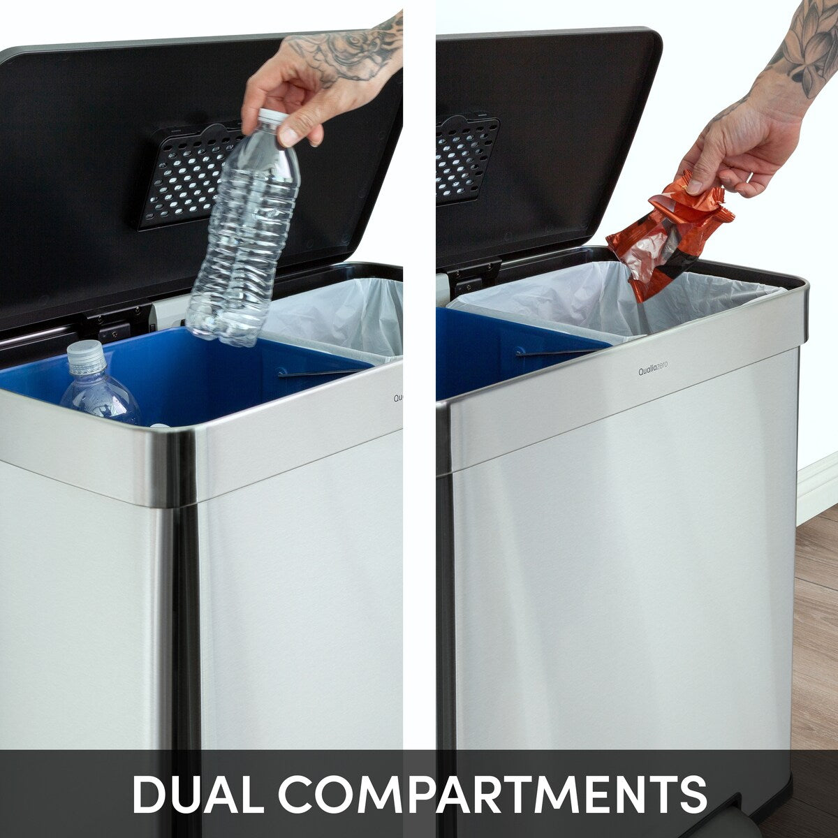Poubelle de recyclage rectangulaire Qualiazero 16 gal (unité double 8 gal) - Acier inoxydable