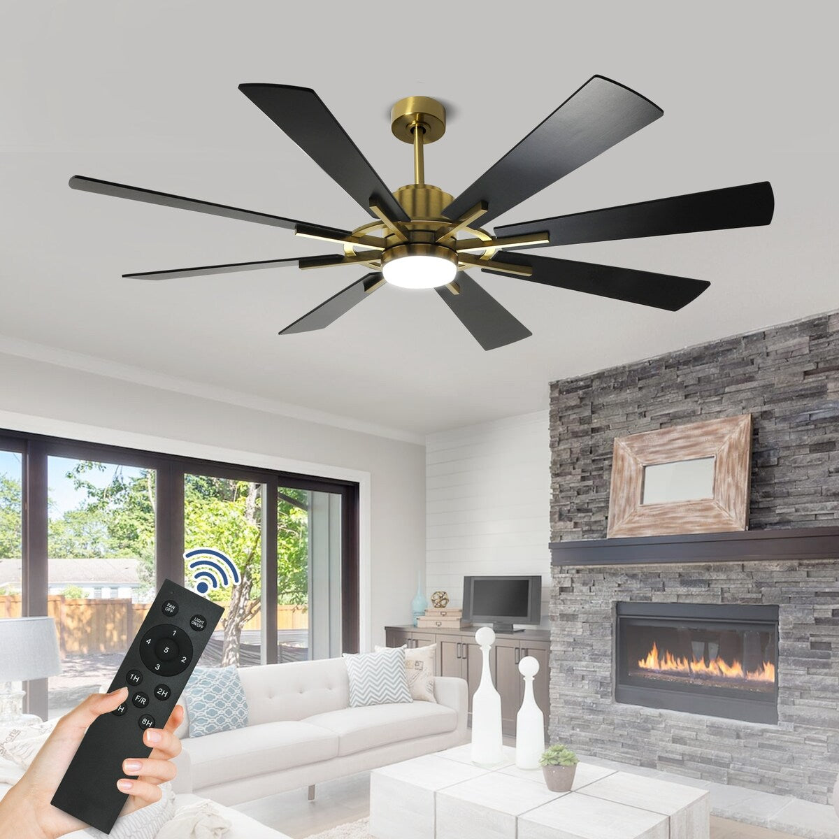 Ventilateur de plafond télécommandé avec lumières, grandes 8 pales en bois