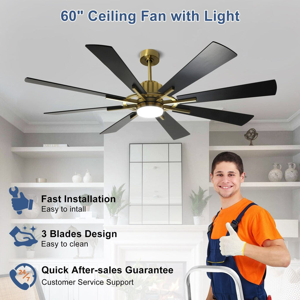Ventilateur de plafond télécommandé avec lumières, grandes 8 pales en bois