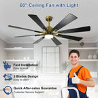 Ventilateur de plafond télécommandé avec lumières, grandes 8 pales en bois