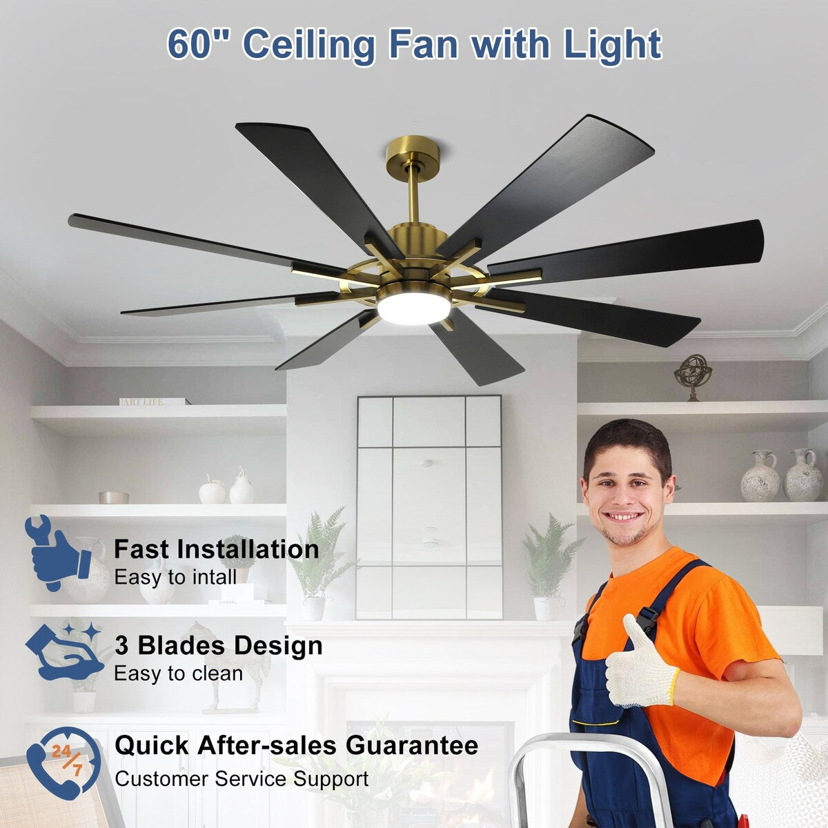 Ventilateur de plafond télécommandé avec lumières, grandes 8 pales en bois