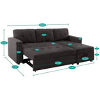 Canapé sectionnel convertible réversible avec lit gigogne, méridienne avec rangement dissimulé et pieds robustes