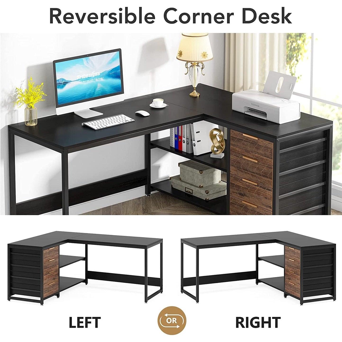 Bureau d'ordinateur réversible en forme de L, table d'écriture robuste, poste de travail