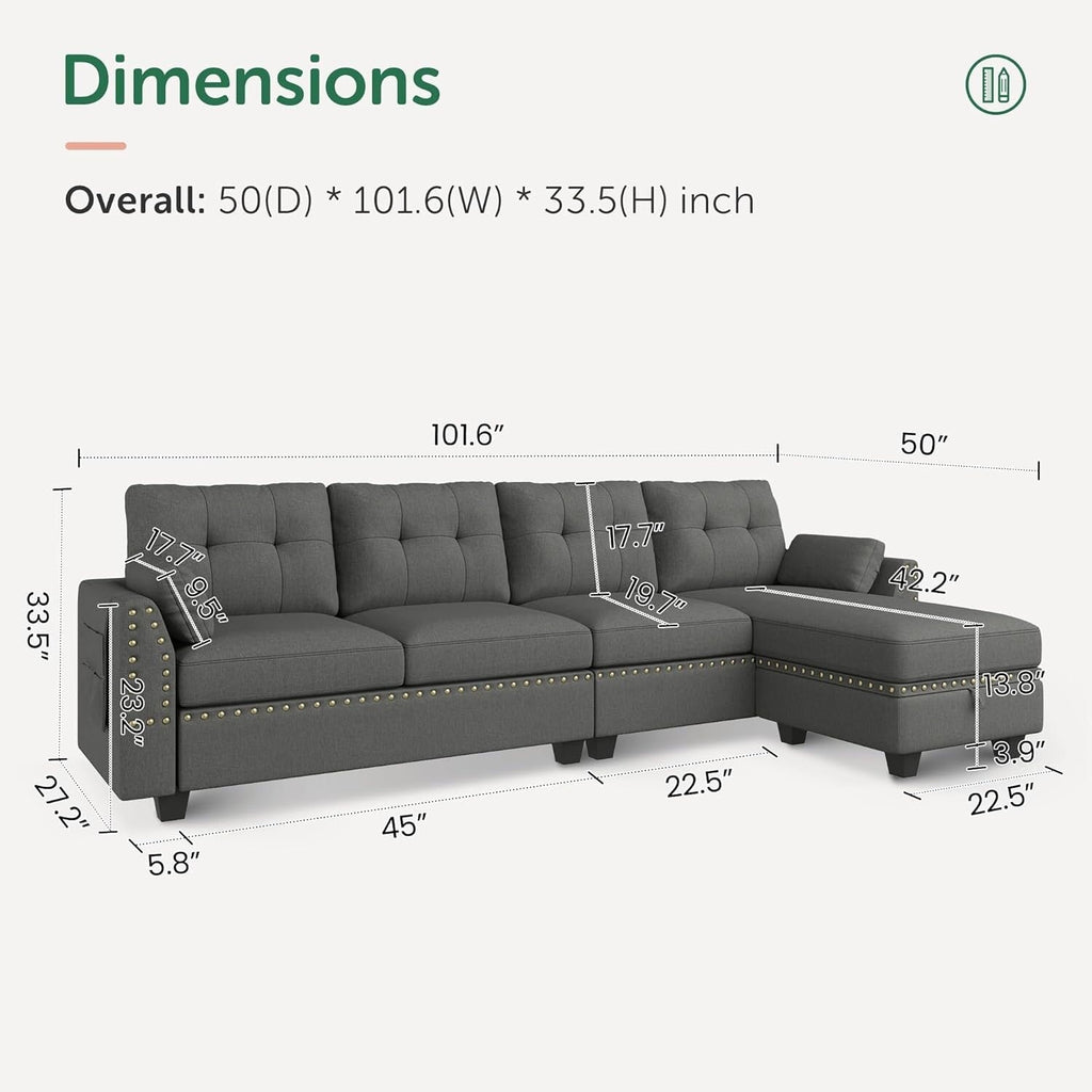 Canapé sectionnel réversible en L, convertible, 4 places, gris foncé