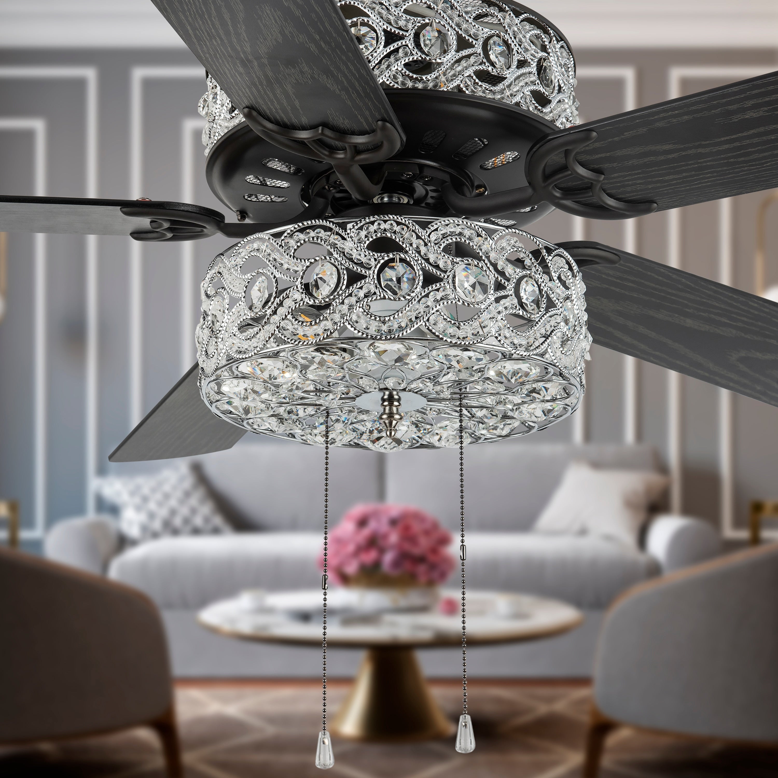 Ventilateur de plafond à DEL River of Goods Olivia, finition bronze huilé/cristal, 52 pouces - 52L x 52W x 18.25H - 52L x 52W x 18.25H
