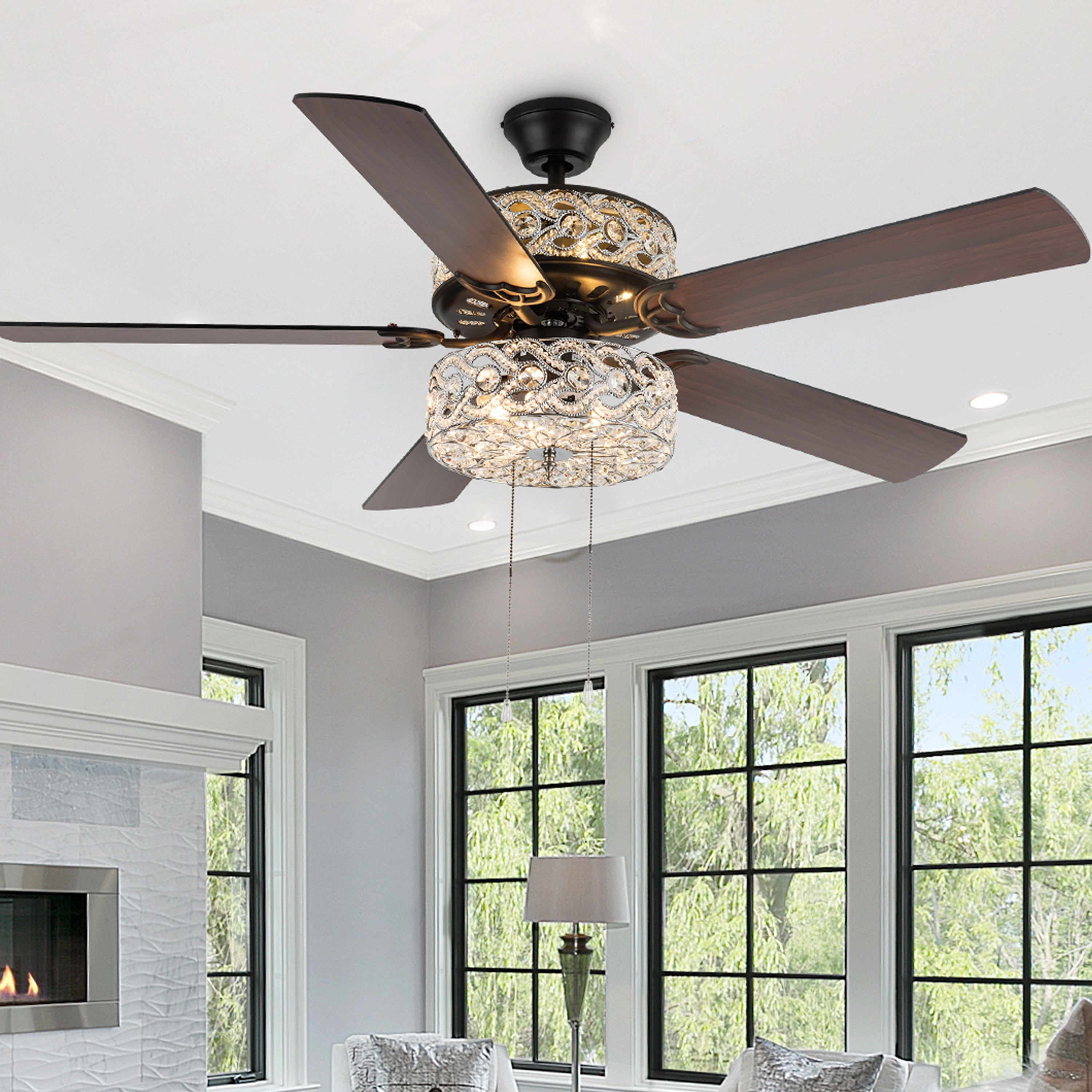 Ventilateur de plafond à DEL River of Goods Olivia, finition bronze huilé/cristal, 52 pouces - 52L x 52W x 18.25H - 52L x 52W x 18.25H