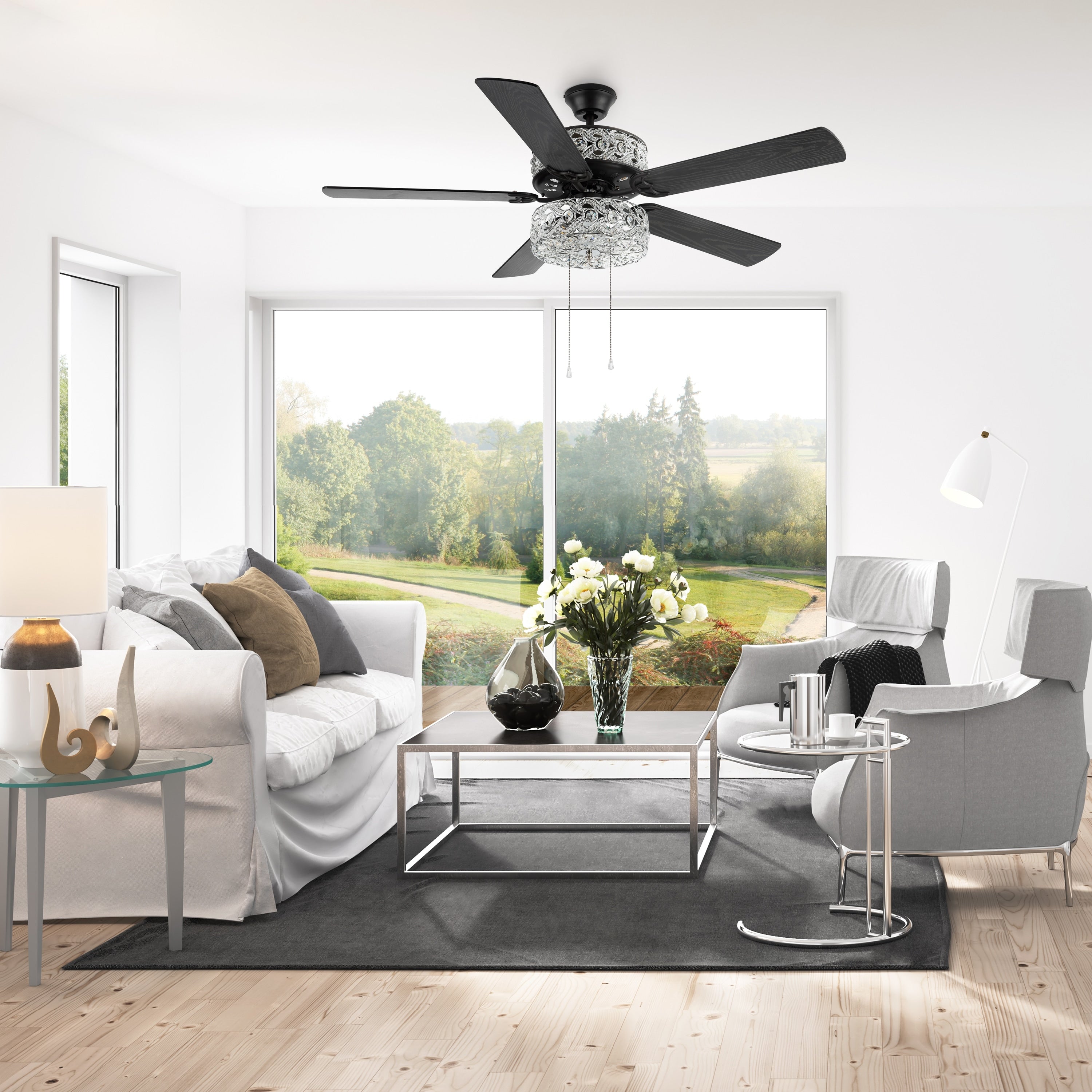 Ventilateur de plafond à DEL River of Goods Olivia, finition bronze huilé/cristal, 52 pouces - 52L x 52W x 18.25H - 52L x 52W x 18.25H