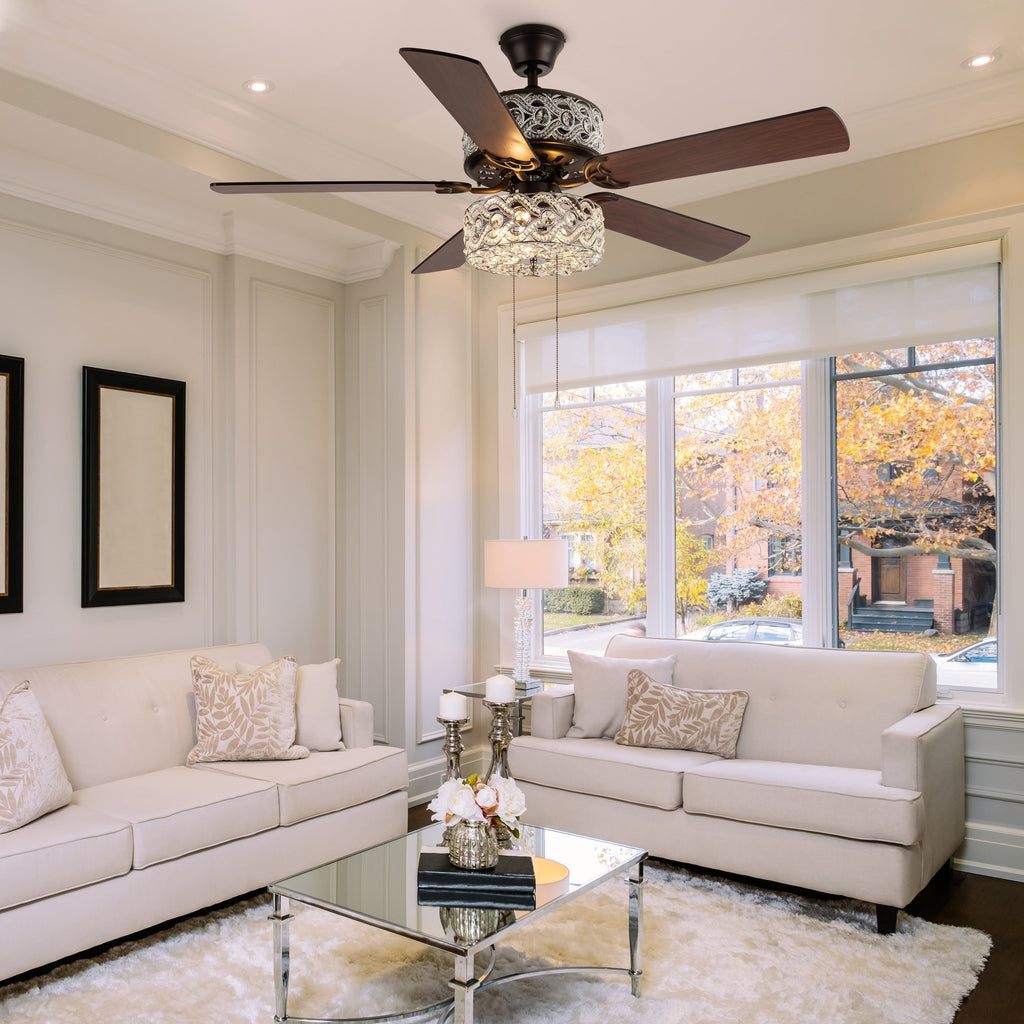 Ventilateur de plafond à DEL River of Goods Olivia, finition bronze huilé/cristal, 52 pouces - 52L x 52W x 18.25H - 52L x 52W x 18.25H