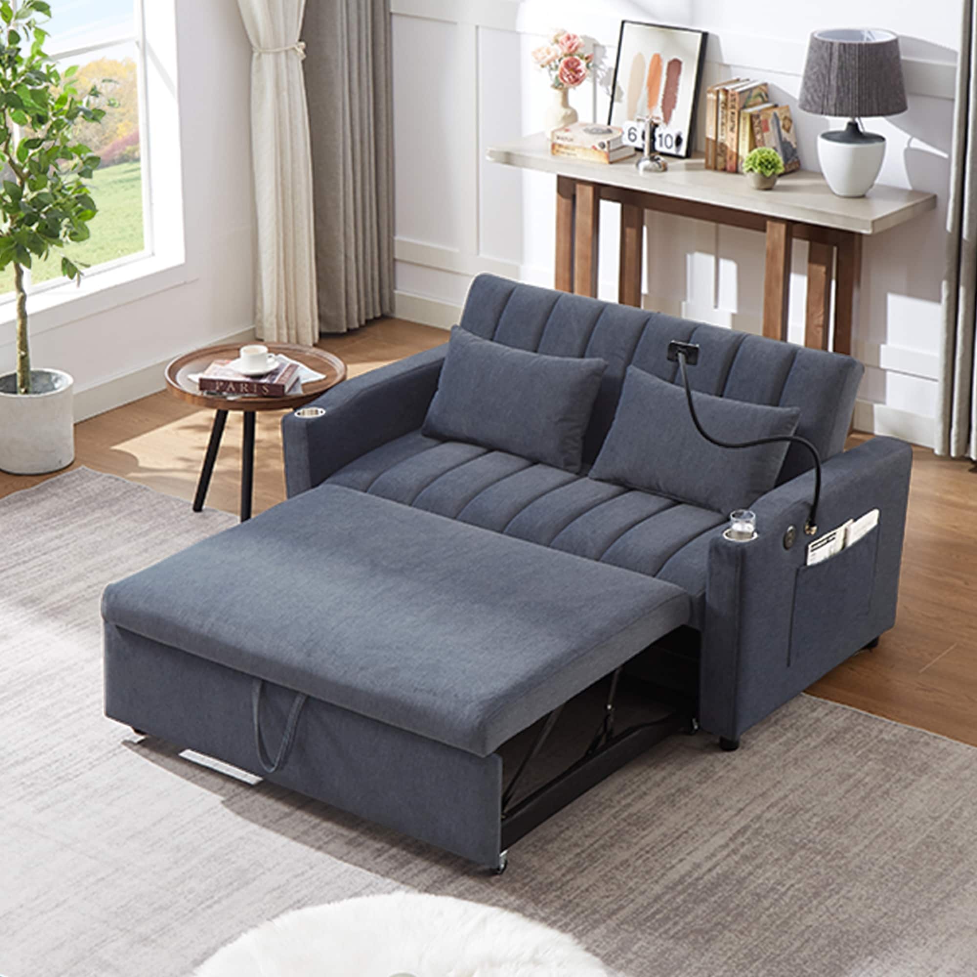 Canapé-lit convertible Roomfitters avec ports USB, poches latérales, porte-gobelets et support de téléphone pivotant pour le salon