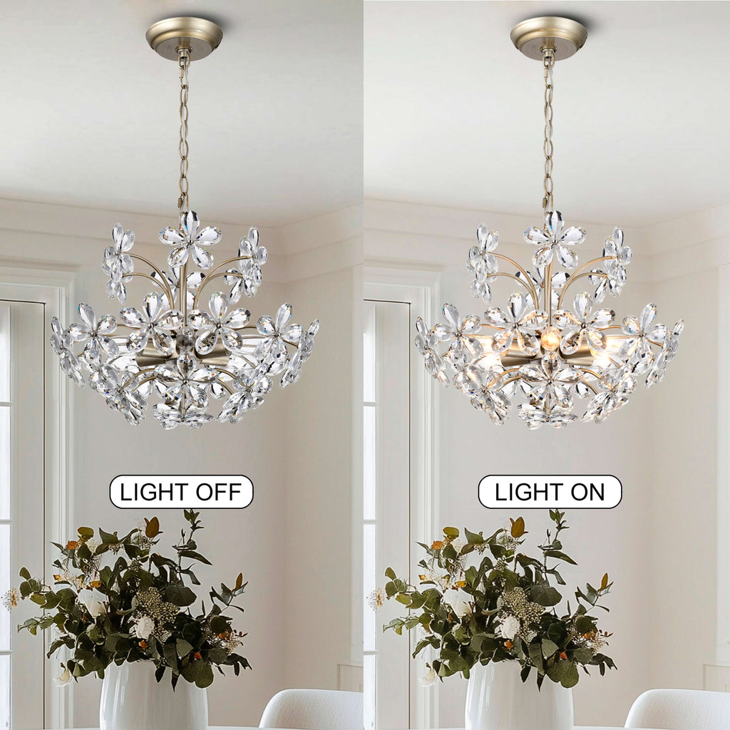 Lustre Rosa à 6 lumières en cristal argenté brossé avec motif de fleurs champagne