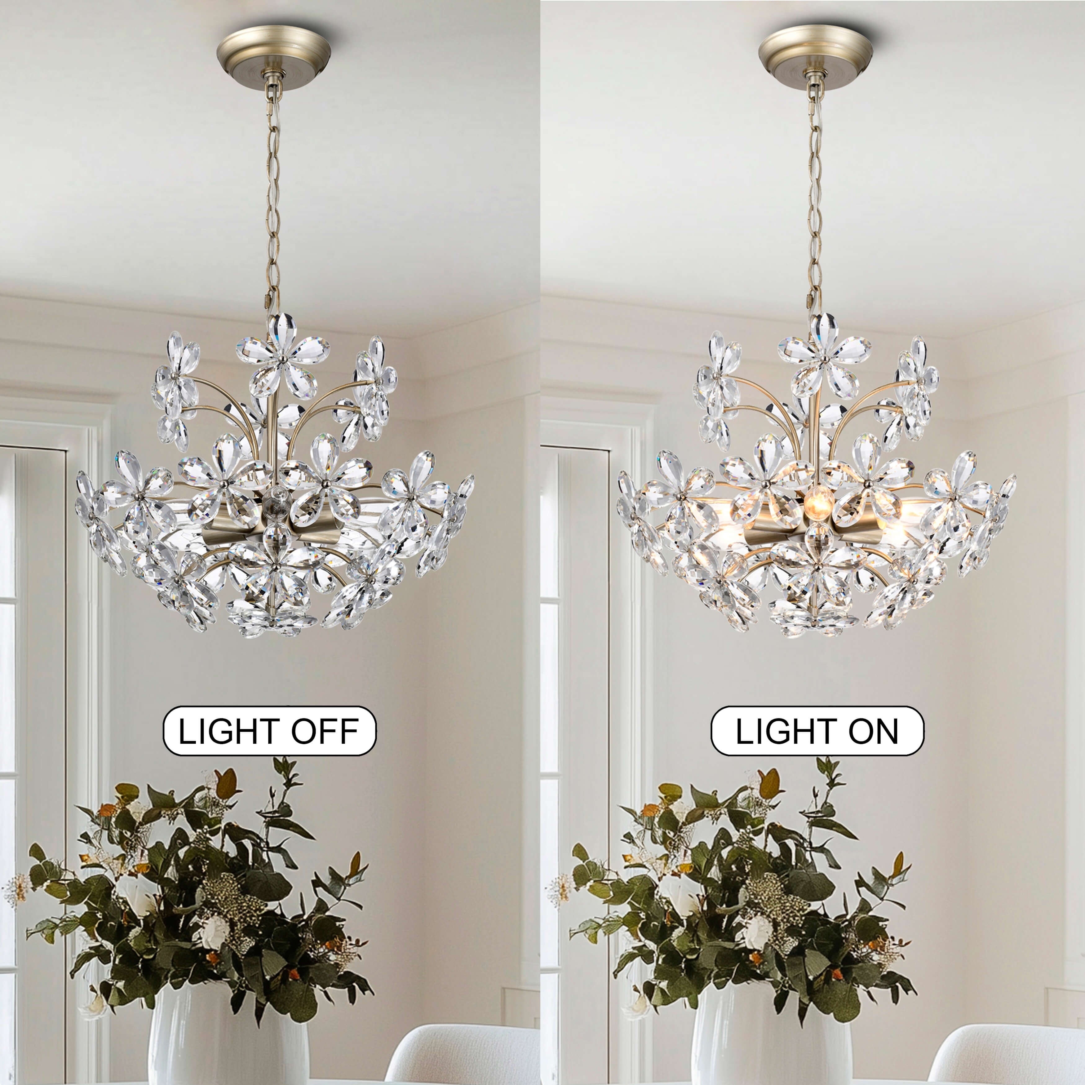 Lustre Rosa à 6 lumières en cristal argenté brossé avec motif de fleurs champagne