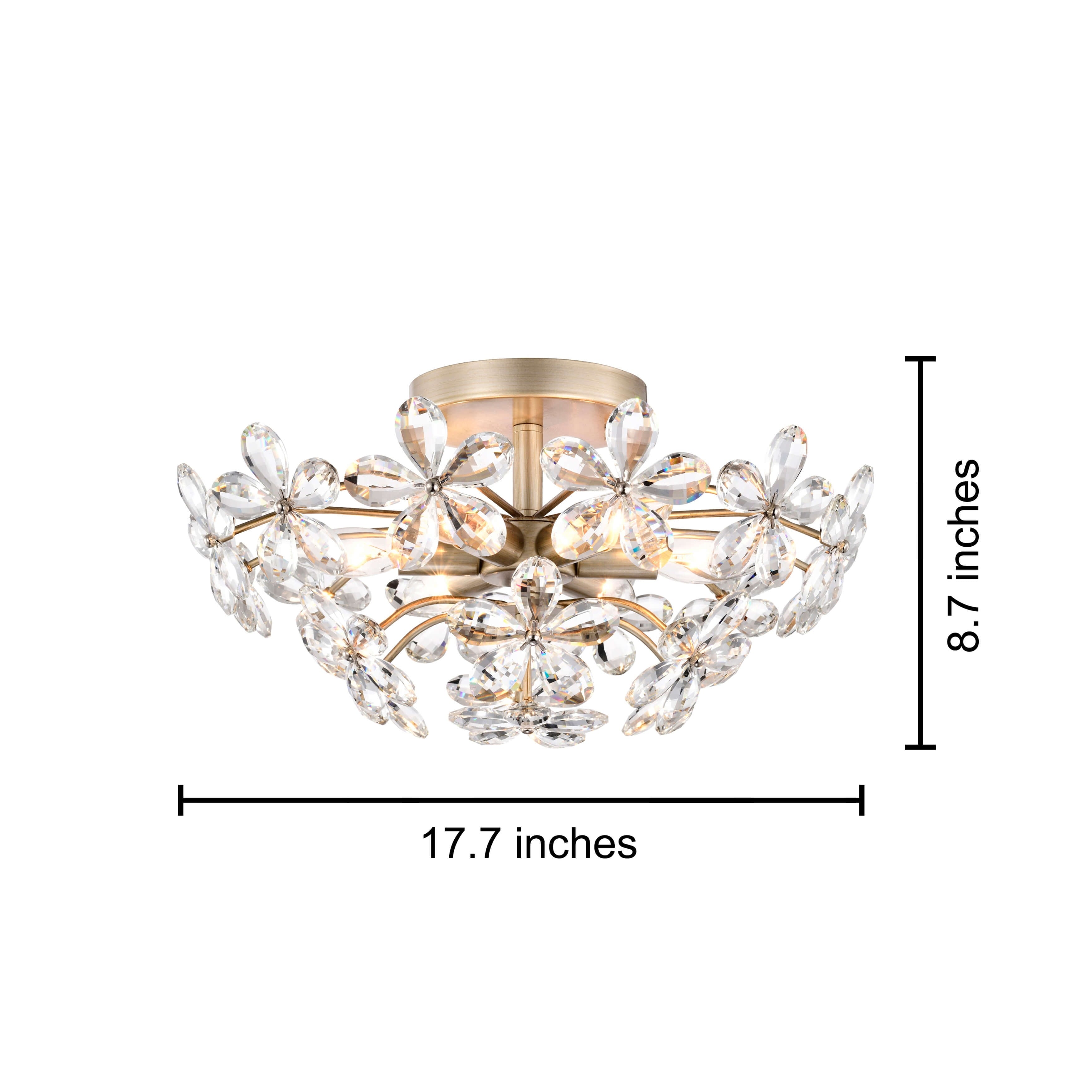 Plafonnier Rosa à 6 lumières en cristal argenté brossé avec fleur de champagne - 17,7 pouces de diamètre x 8,7 pouces de hauteur
