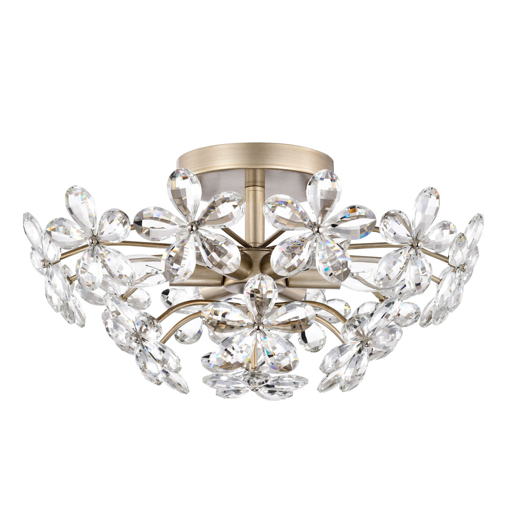 Plafonnier Rosa à 6 lumières en cristal argenté brossé avec fleur de champagne - 17,7 pouces de diamètre x 8,7 pouces de hauteur