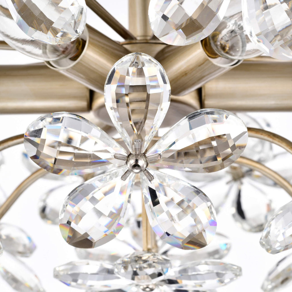 Plafonnier Rosa à 6 lumières en cristal argenté brossé avec fleur de champagne - 17,7 pouces de diamètre x 8,7 pouces de hauteur