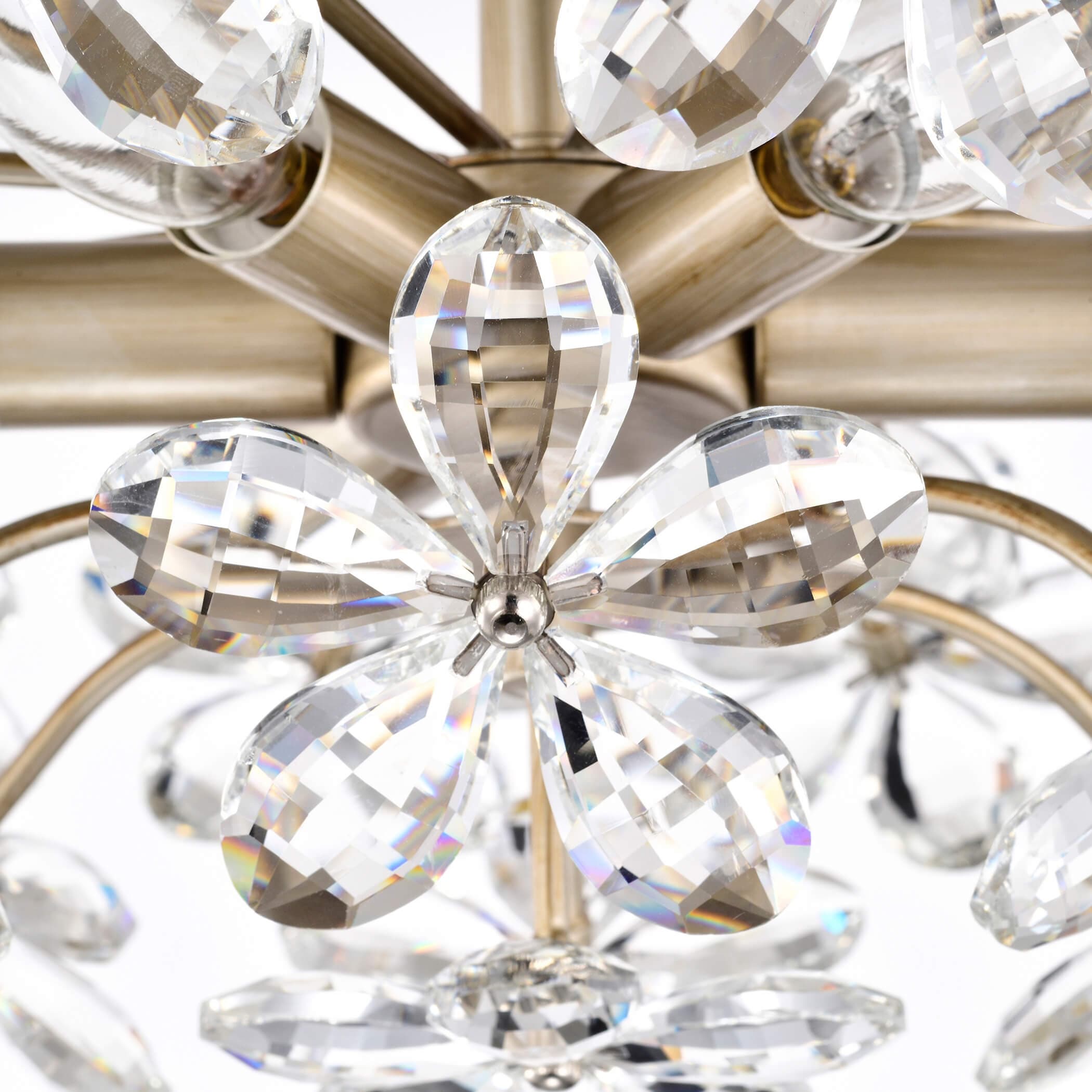 Plafonnier Rosa à 6 lumières en cristal argenté brossé avec fleur de champagne - 17,7 pouces de diamètre x 8,7 pouces de hauteur