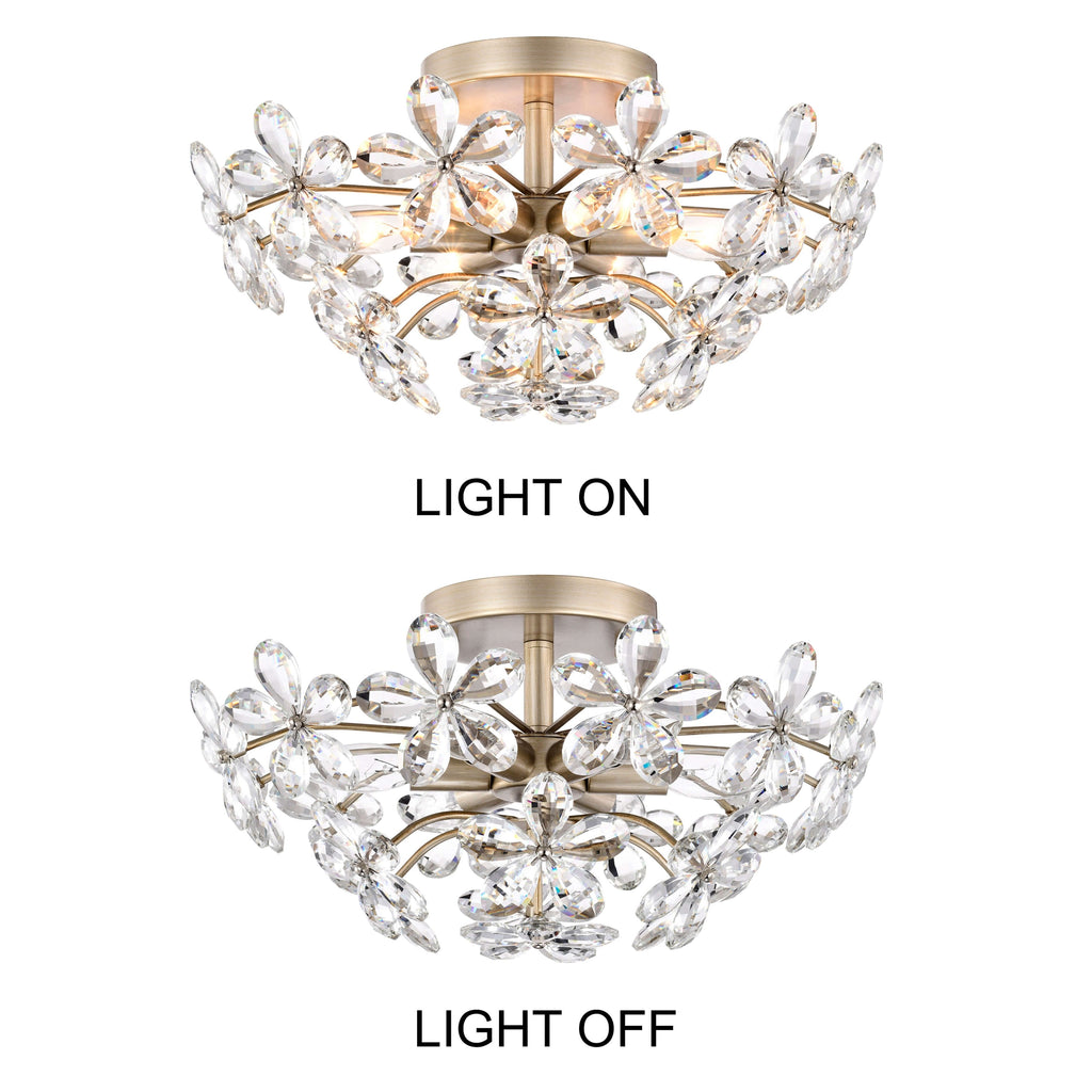 Plafonnier Rosa à 6 lumières en cristal argenté brossé avec fleur de champagne - 17,7 pouces de diamètre x 8,7 pouces de hauteur
