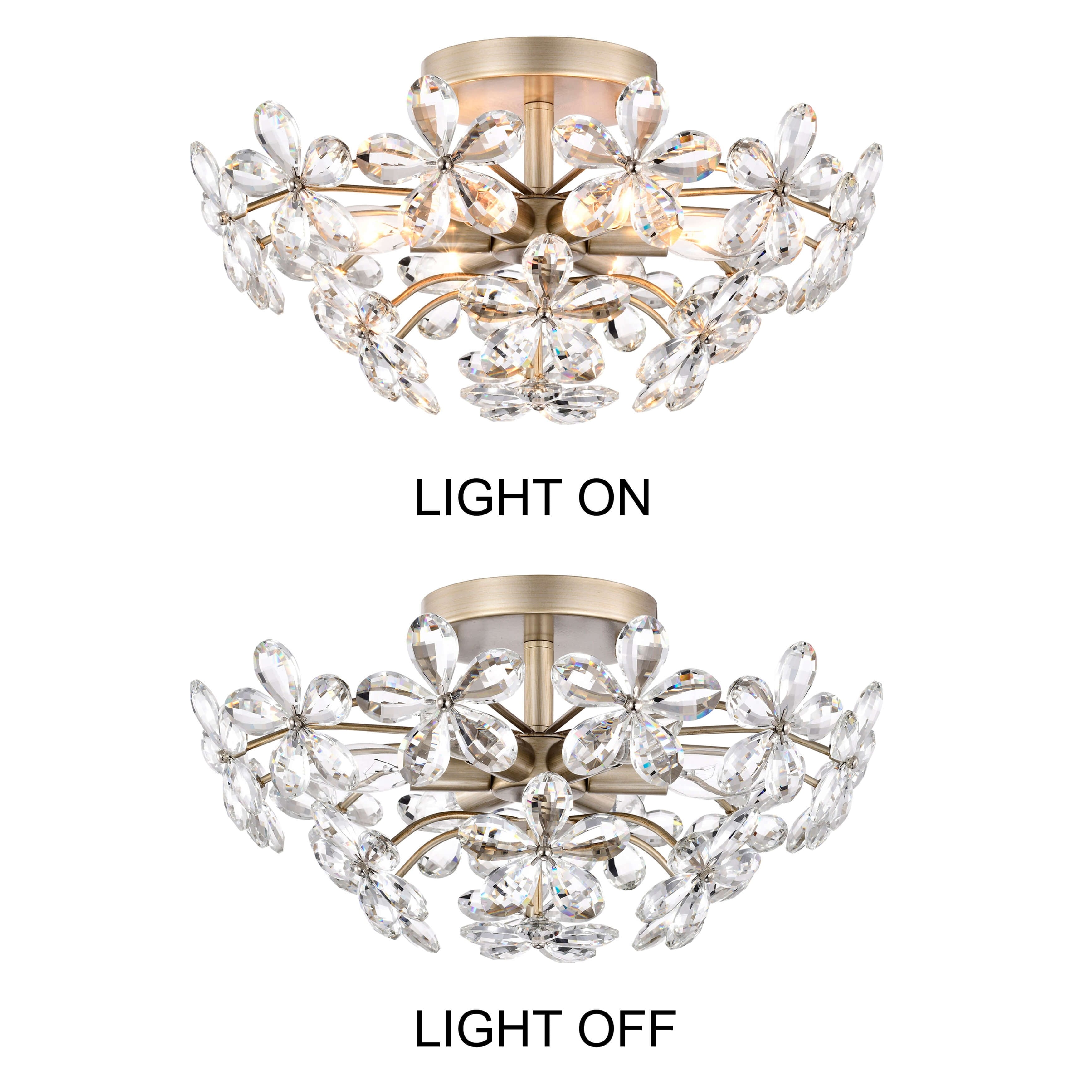 Plafonnier Rosa à 6 lumières en cristal argenté brossé avec fleur de champagne - 17,7 pouces de diamètre x 8,7 pouces de hauteur