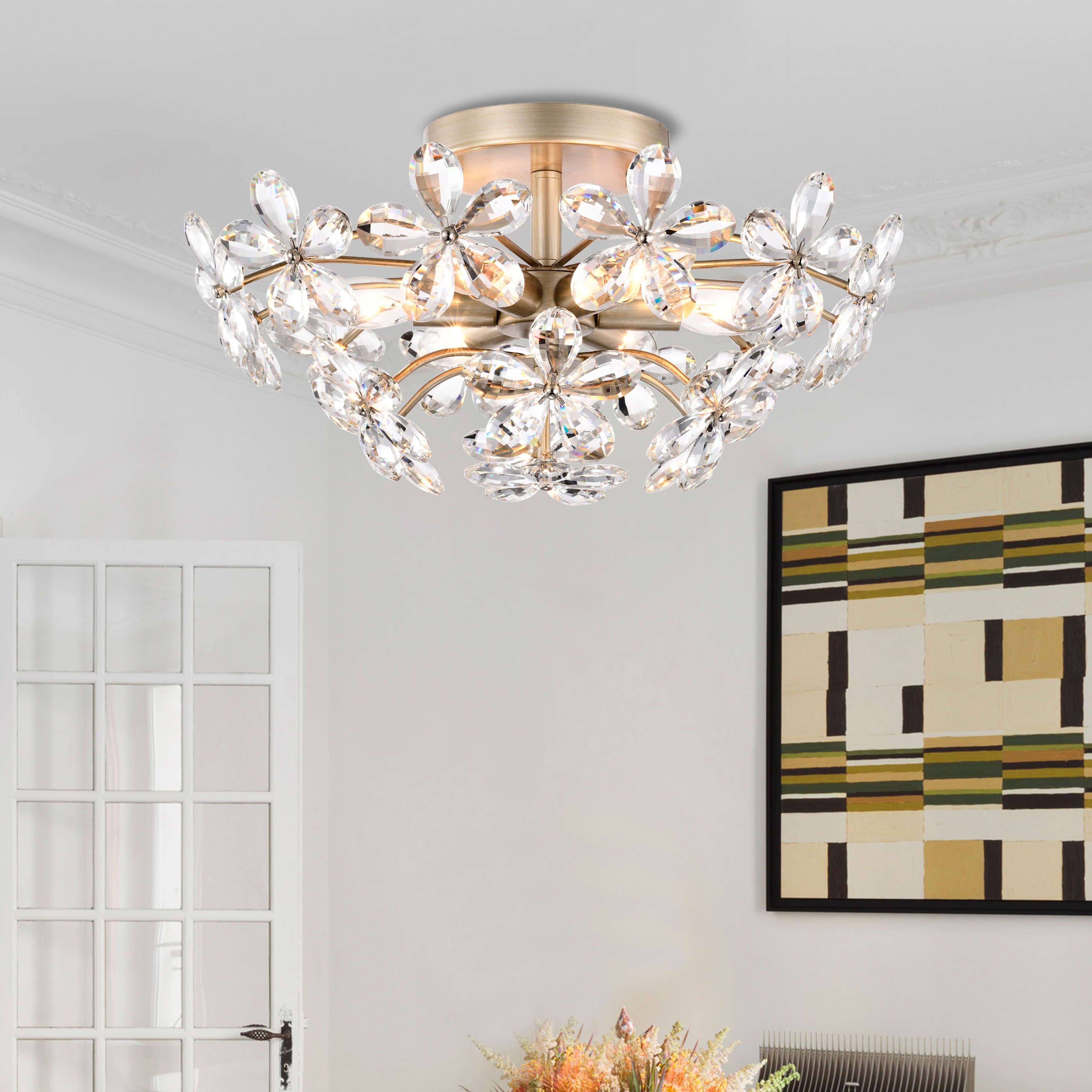 Plafonnier Rosa à 6 lumières en cristal argenté brossé avec fleur de champagne - 17,7 pouces de diamètre x 8,7 pouces de hauteur