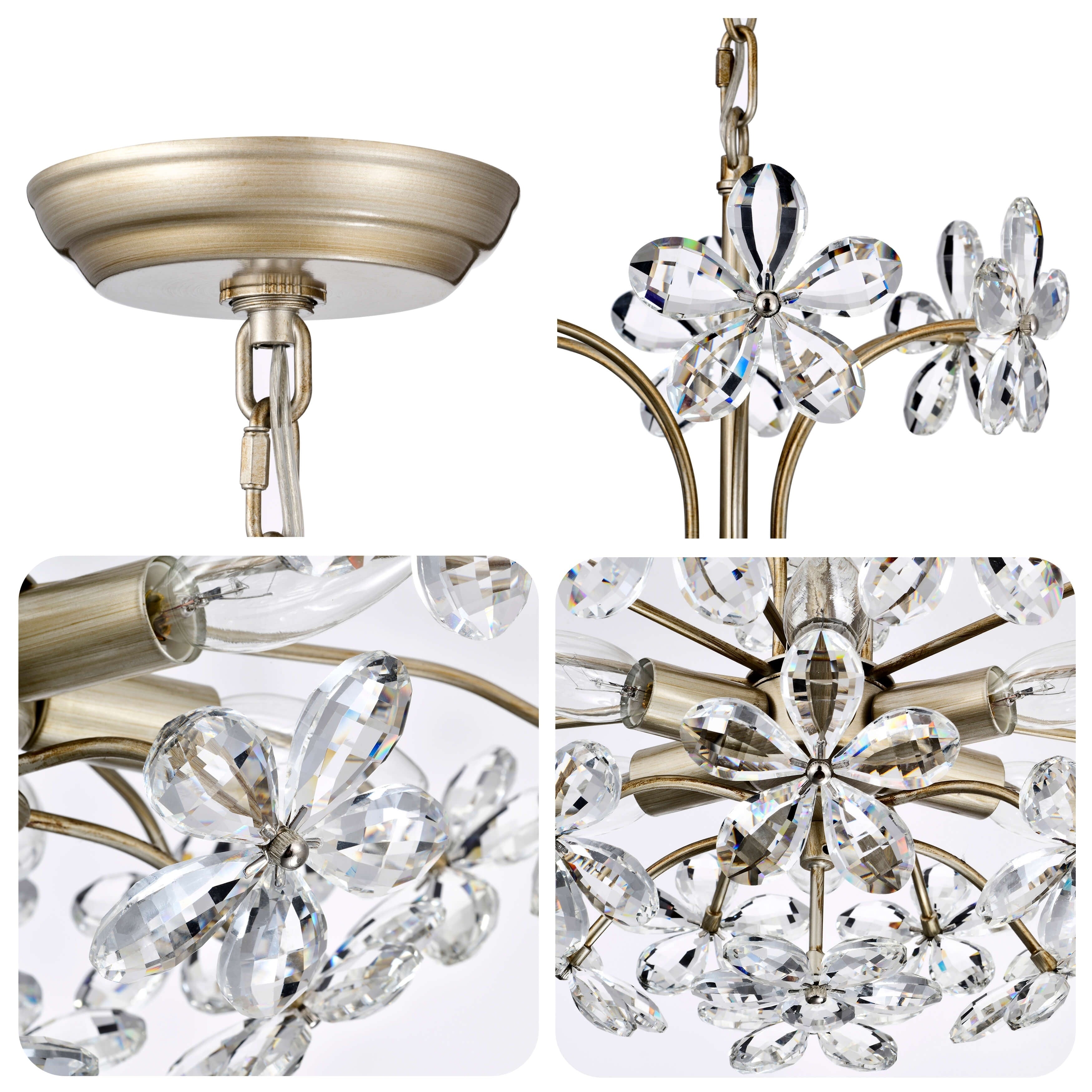 Lustre Rosa à 6 lumières en cristal argenté brossé avec motif de fleurs champagne
