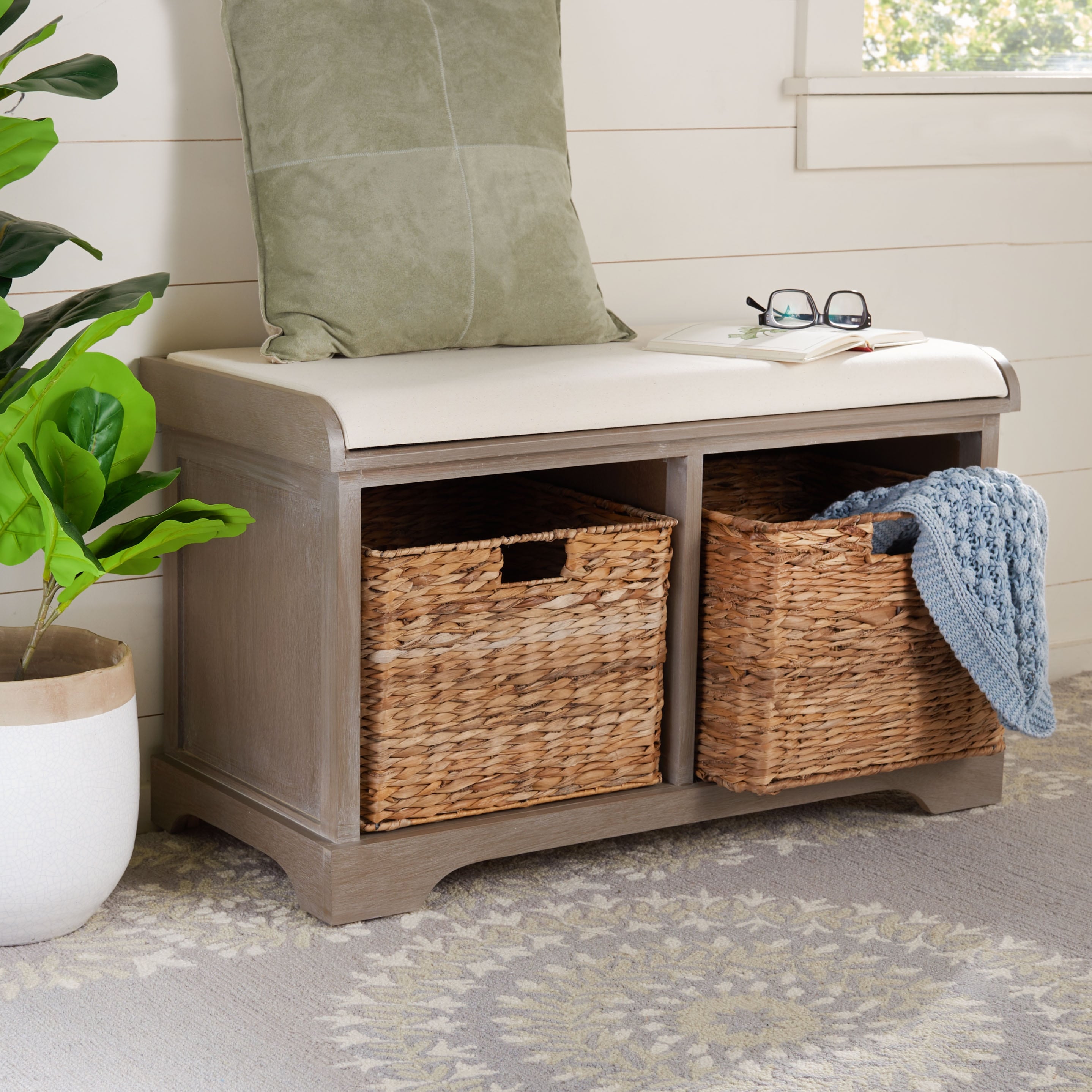 Banc de rangement tressé Euphemia marron SAFAVIEH - 33,5 x 16,1 x 19,9 - 34L x 16P x 20H