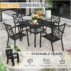 Ensemble de salle à manger d'extérieur SUNCROWN 5/7 pièces en acier, table à lattes en métal et chaises empilables, cadre enduit de poudre