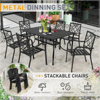 Ensemble de salle à manger d'extérieur SUNCROWN 5/7 pièces en acier, table à lattes en métal et chaises empilables, cadre enduit de poudre