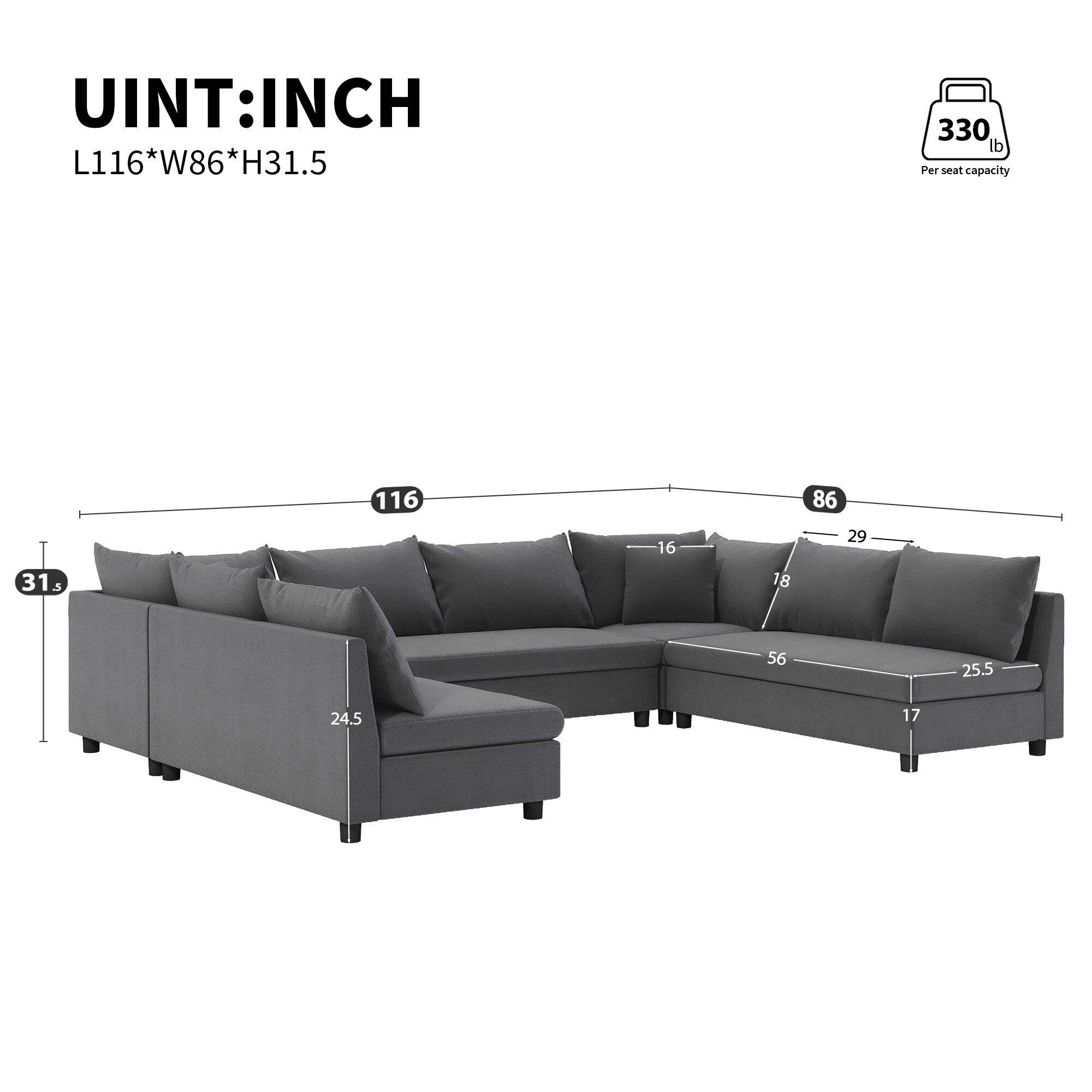 Canapé sectionnel, ensemble de canapé réversible en chenille en forme de U, combinaison libre, canapé convertible surdimensionné 8 places