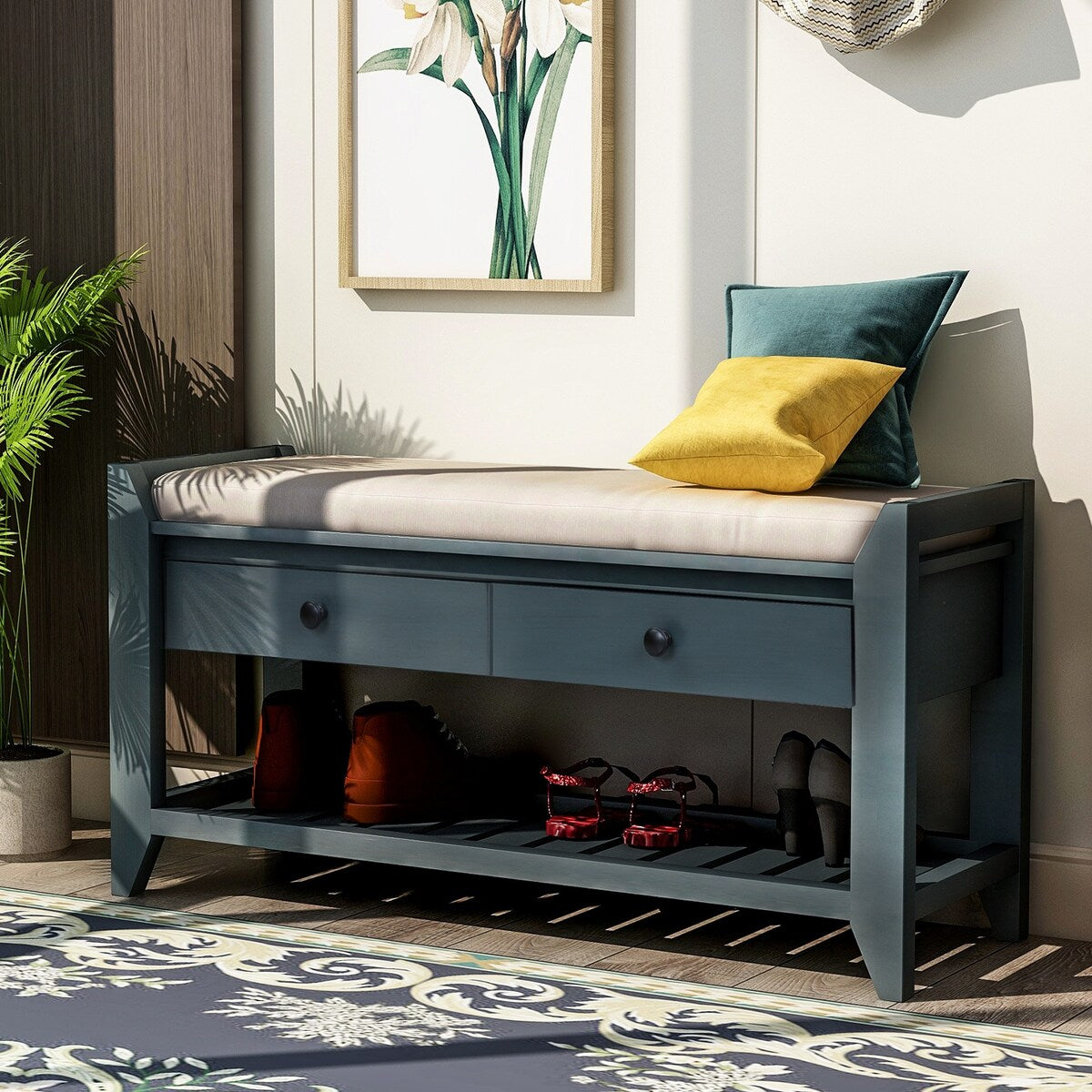 Étagère à chaussures avec assise rembourrée et tiroirs, banc de rangement polyvalent, bleu marine antique - 39 L x 14 l x 19,8 H