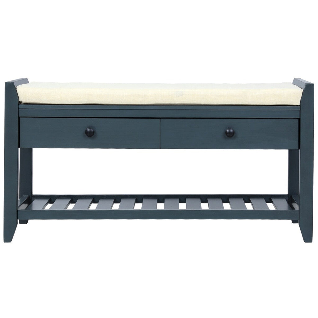 Étagère à chaussures avec assise rembourrée et tiroirs, banc de rangement polyvalent, bleu marine antique - 39 L x 14 l x 19,8 H