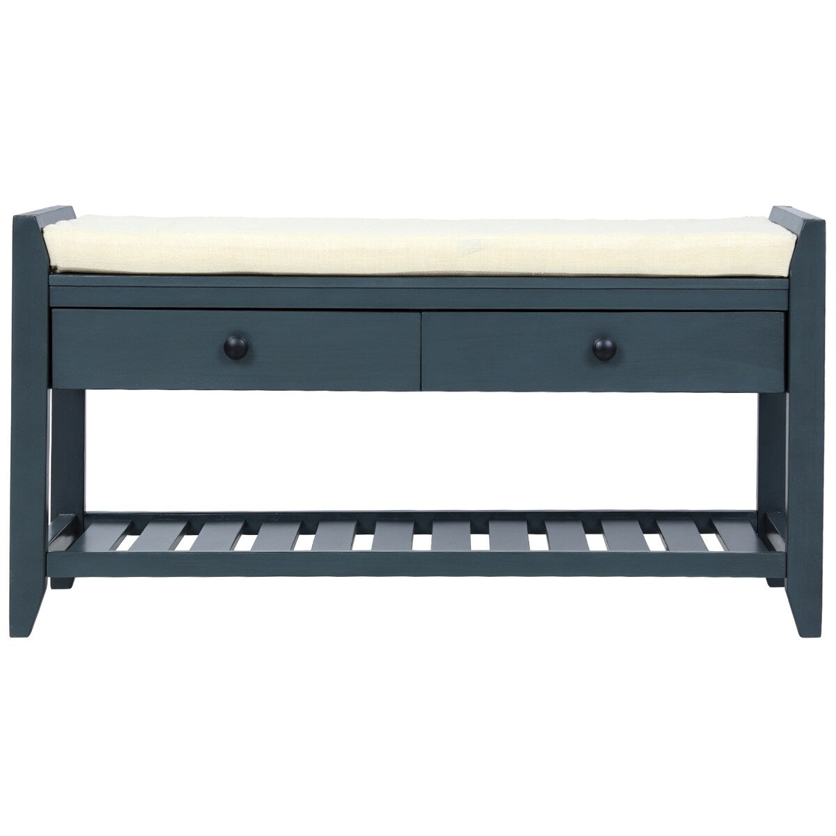 Étagère à chaussures avec assise rembourrée et tiroirs, banc de rangement polyvalent, bleu marine antique - 39 L x 14 l x 19,8 H