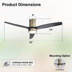 Ventilateur de plafond encastré Sofucor 52 pouces avec télécommande, moteur réversible et éclairage intégré en option