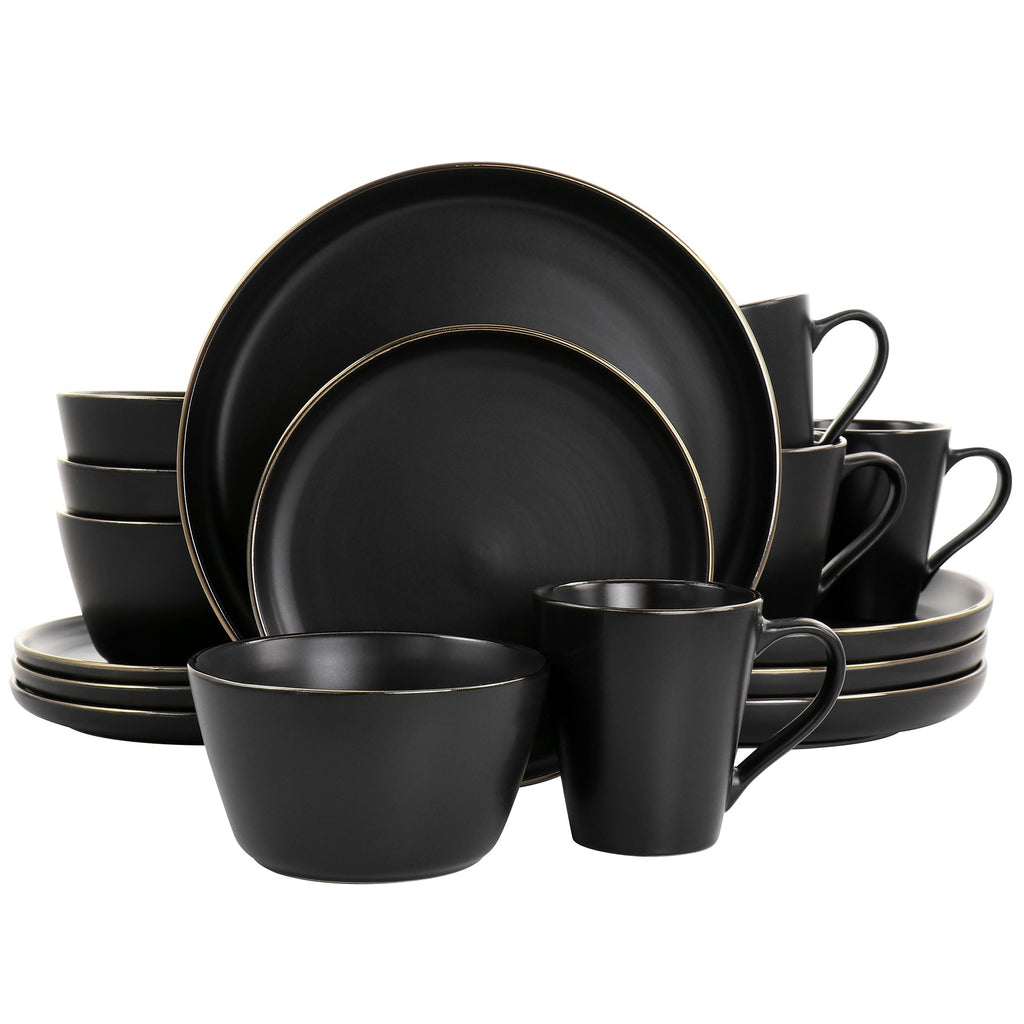 Service de table 16 pièces en grès noir avec bordure dorée